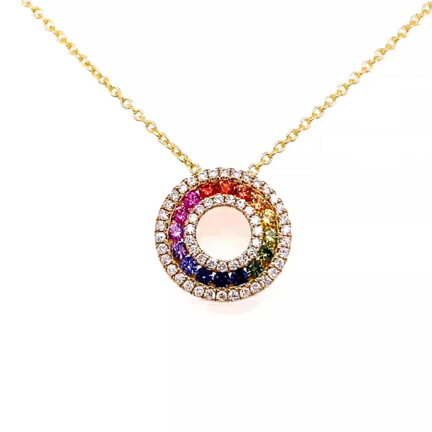 18k white gold mini multirow diamond & rainbow diamond cut sapphire circle eternity pendant set with 0.32 ct diamonds and 0.55 ct sapphires Photos & images