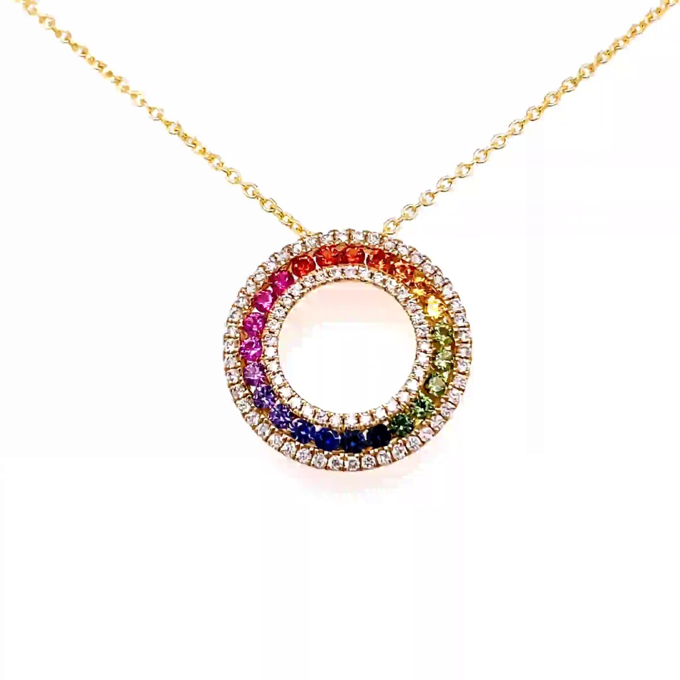 18k rose gold maxi multirow diamond & rainbow diamond cut sapphire circle eternity pendant  set with 0.48 ct diamonds and 0.91 ct sapphires Photos & images