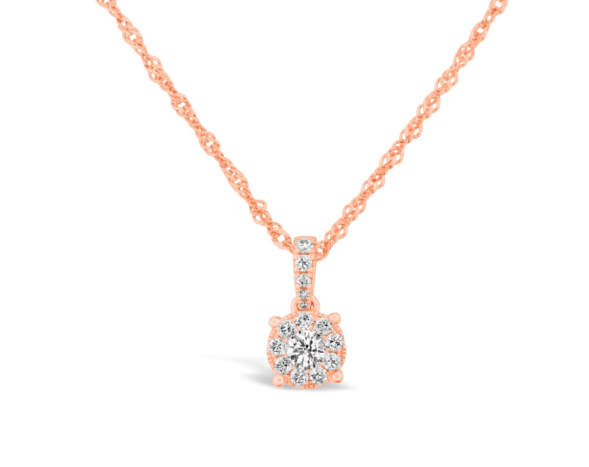 18k rose gold halo illusion set diamond pendant with upstones