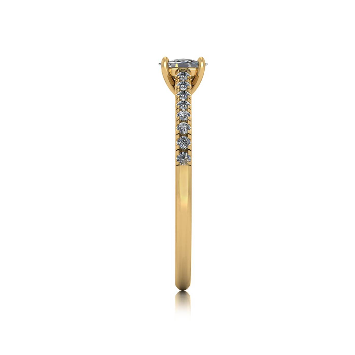18k yellow gold  4 prongs elongated cushion cut diamond engagement ring with whisper thin pavÉ set band