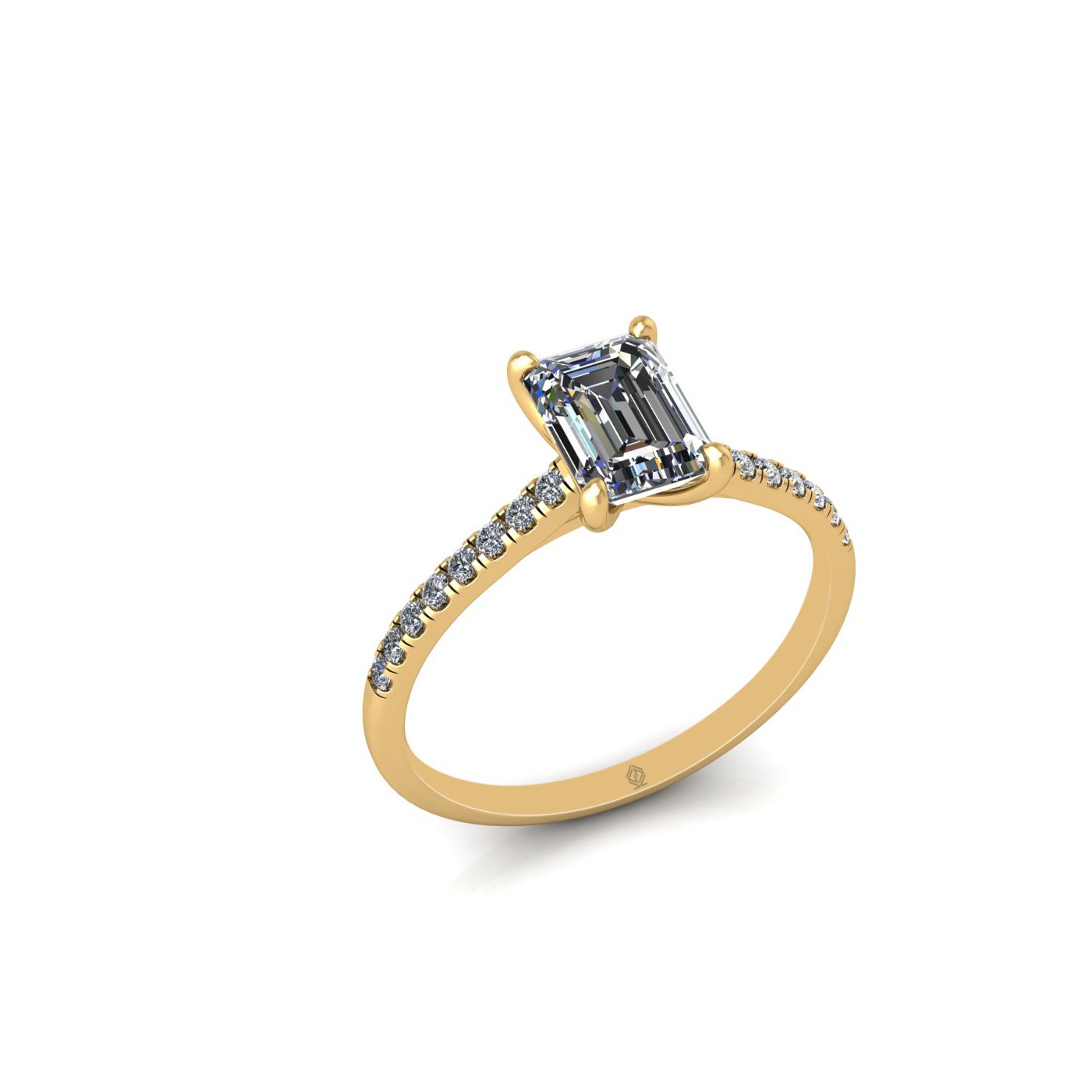 18k yellow gold 1.0ct 4 prongs emerald cut diamond engagement ring with whisper thin pavÉ set band