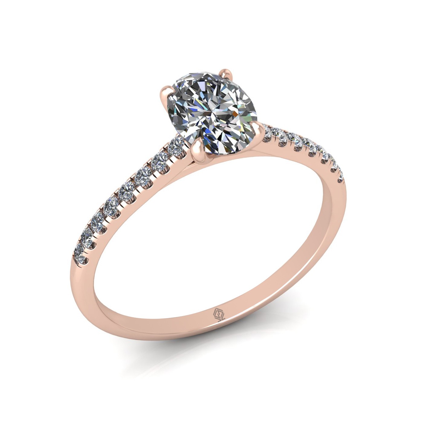 18k rose gold  0,80 ct 4 prongs oval cut diamond engagement ring with whisper thin pavÉ set band