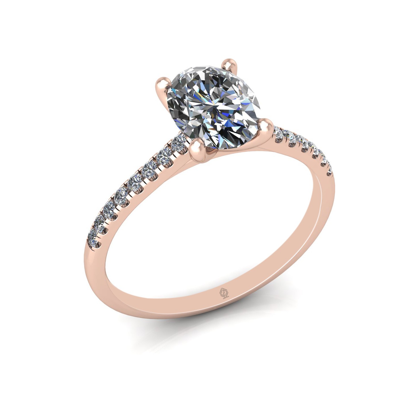 18k rose gold  1,00 ct 4 prongs oval cut diamond engagement ring with whisper thin pavÉ set band
