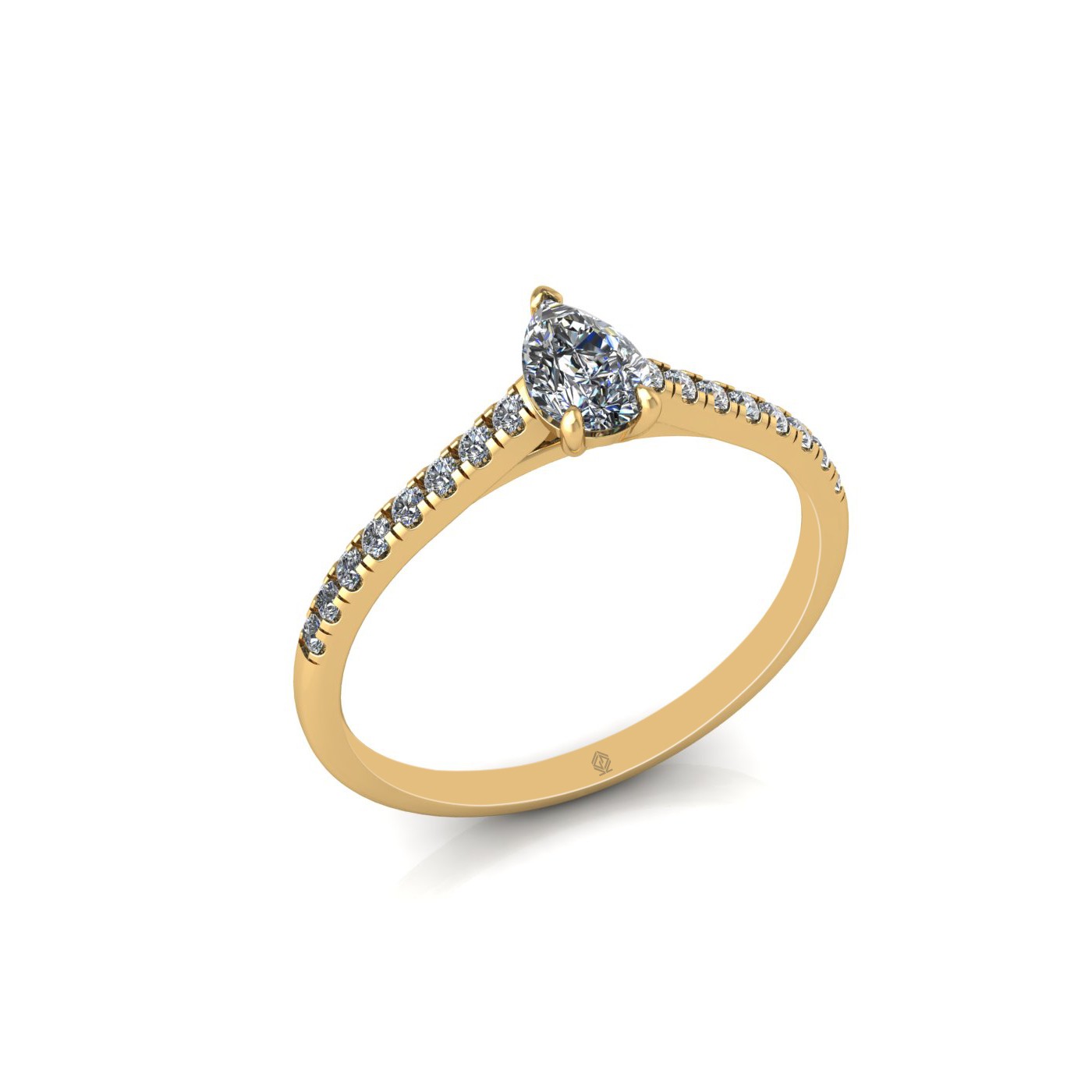 18k yellow gold  0,30 ct 3 prongs pear diamond engagement ring with whisper thin pavÉ set band