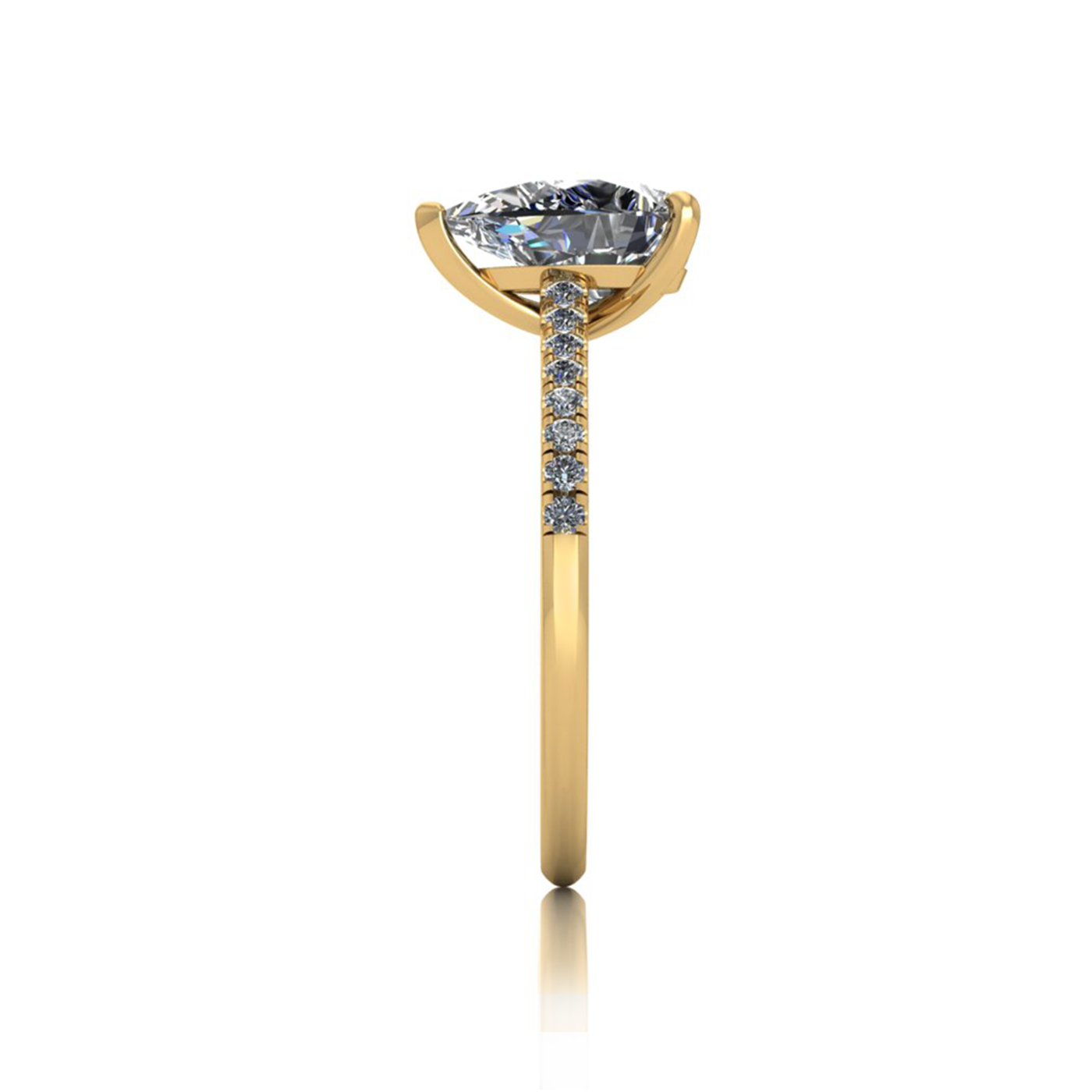 18k yellow gold 1,50 ct 3 prongs pear diamond engagement ring with whisper thin pavÉ set band