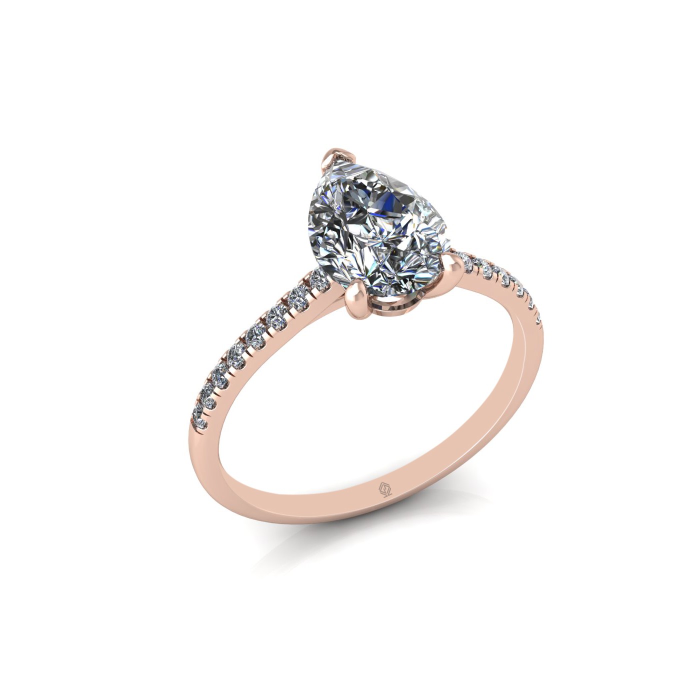 18k rose gold 1,50 ct 3 prongs pear cut diamond engagement ring with whisper thin pavÉ set band
