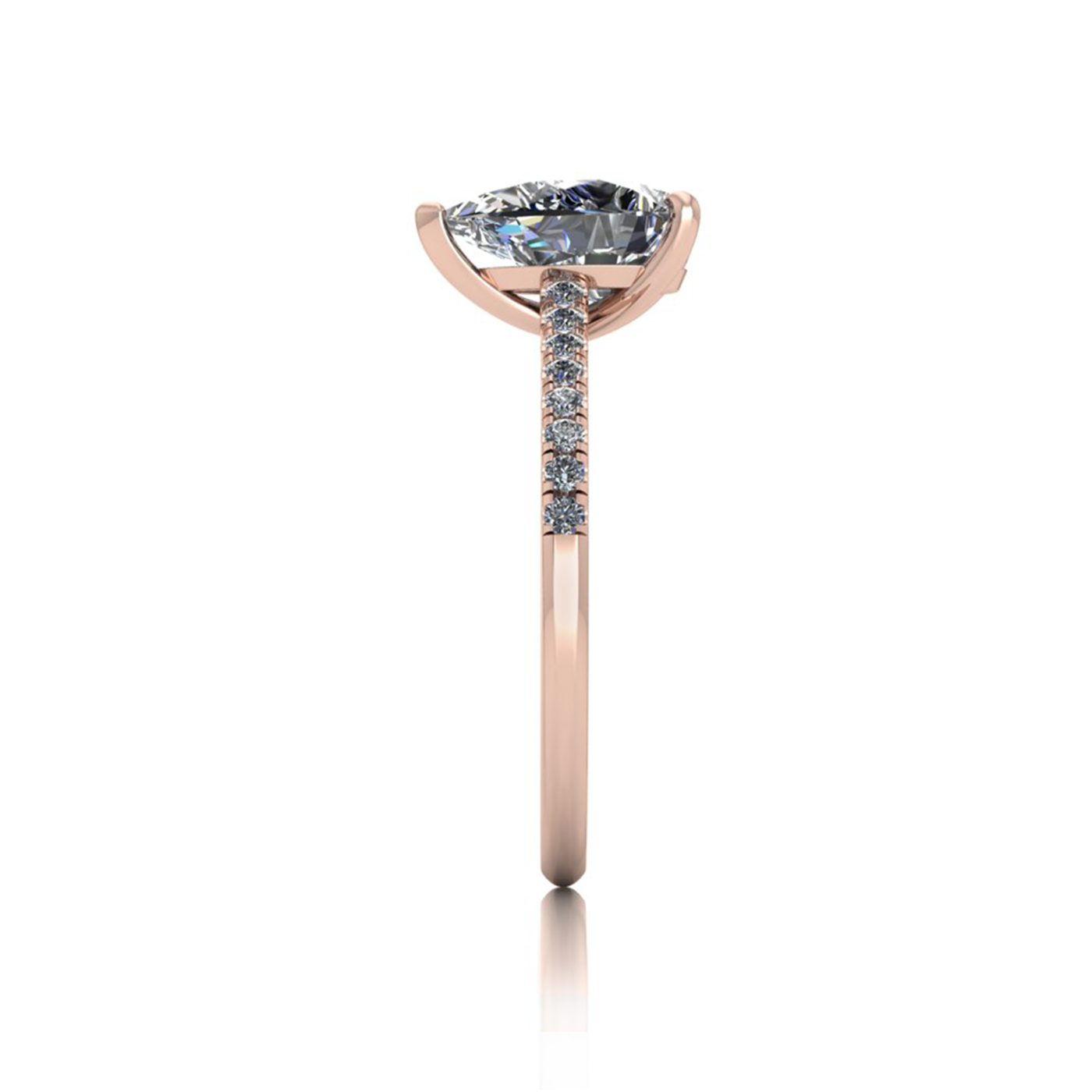 18k rose gold 1,50 ct 3 prongs pear cut diamond engagement ring with whisper thin pavÉ set band