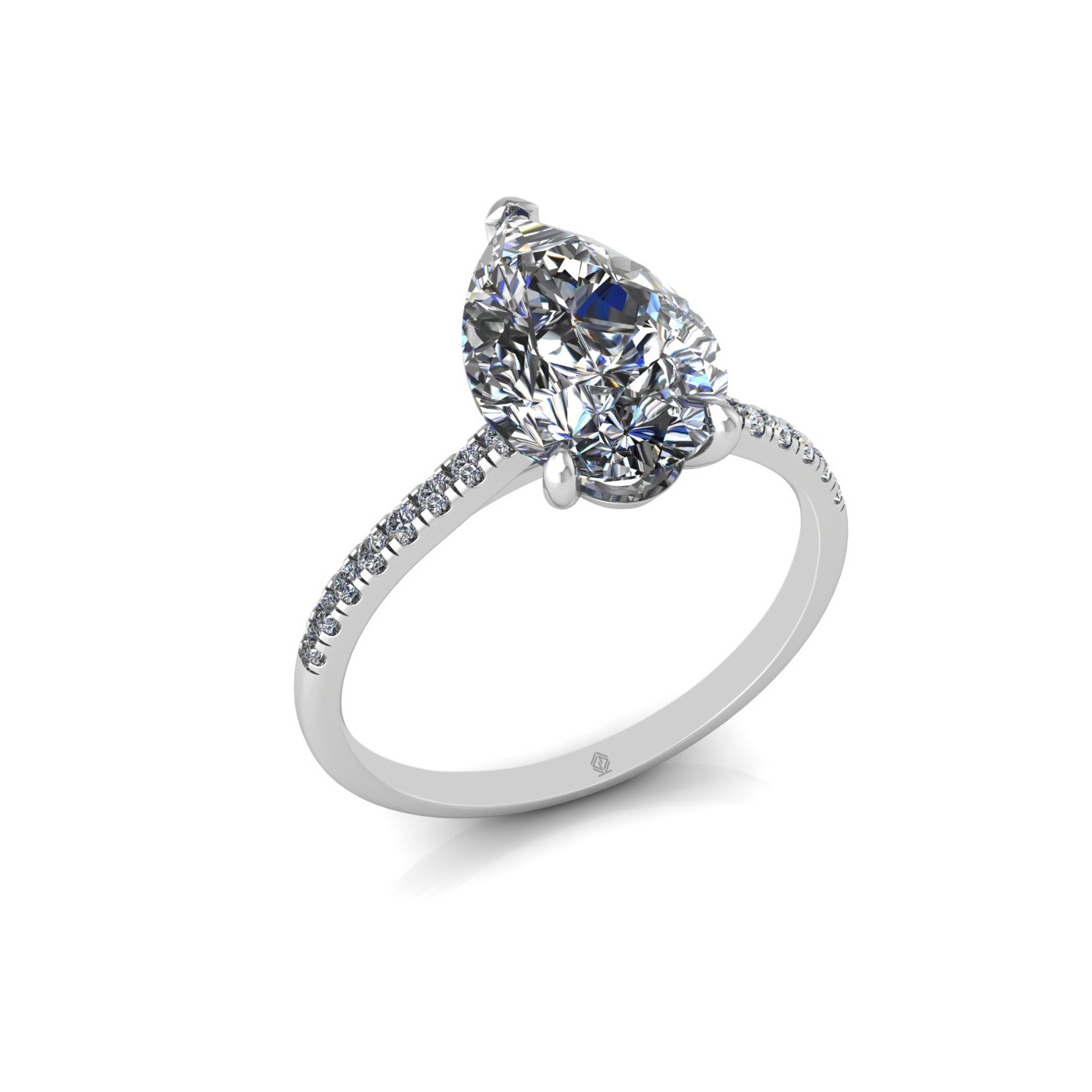 18k white gold 2,50 ct 3 prongs pear diamond engagement ring with whisper thin pavÉ set band