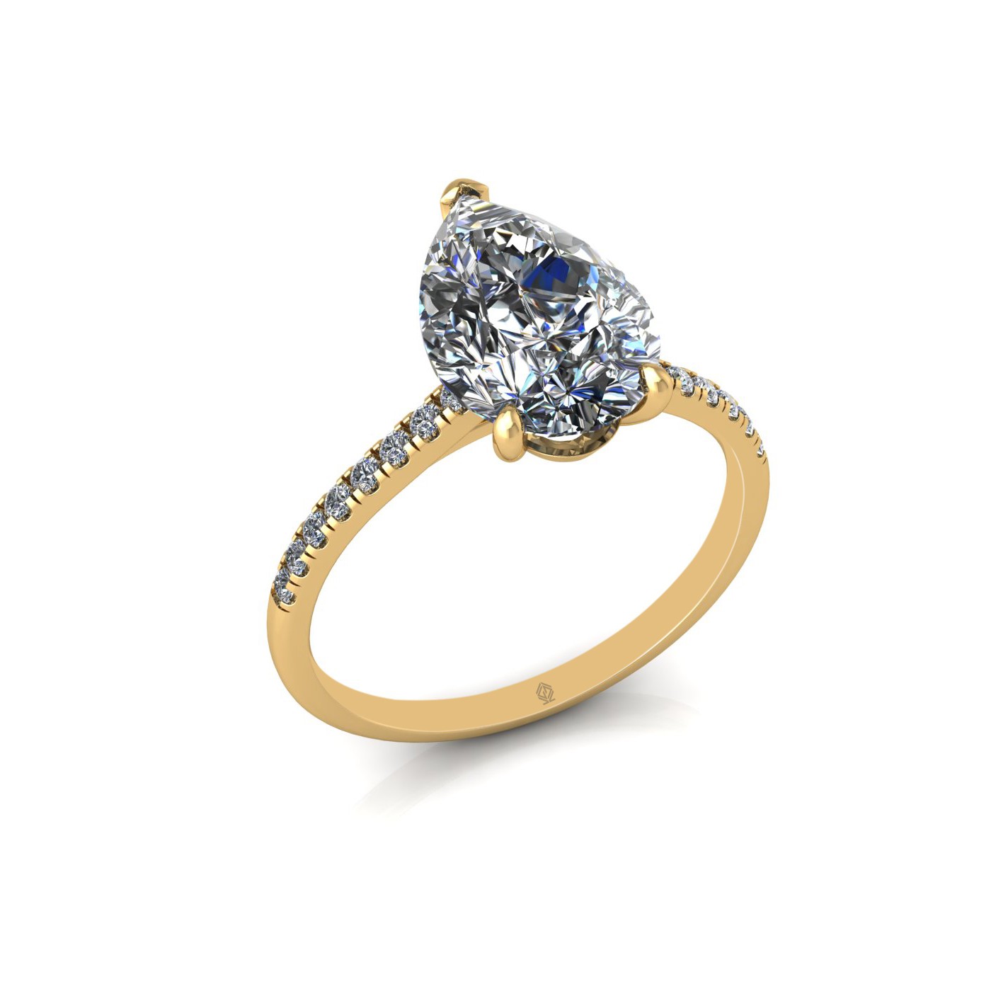 18k yellow gold 2,50 ct 3 prongs pear diamond engagement ring with whisper thin pavÉ set band