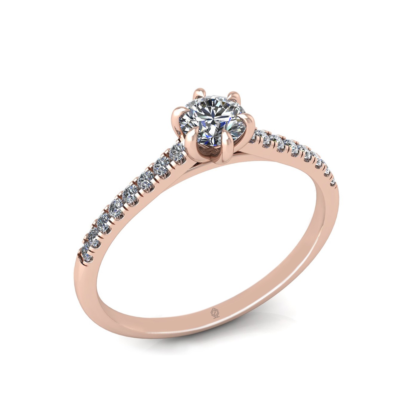 18k rose gold  0,30 ct 6 prongs round cut diamond engagement ring with whisper thin pavÉ set band