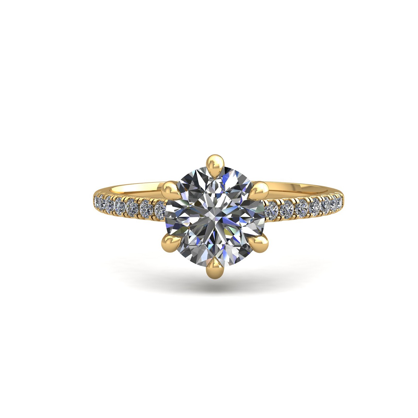 18k yellow gold 1,00 ct 6 prongs round cut diamond engagement ring with whisper thin pavÉ set band