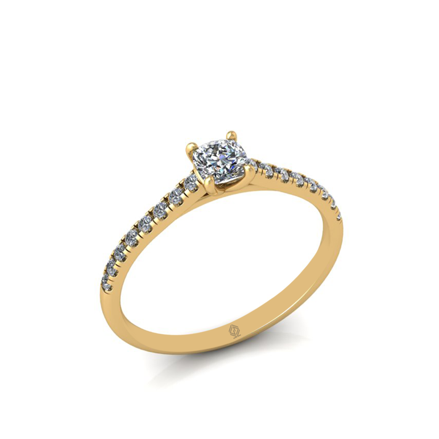 18k yellow gold  0,30 ct 4 prongs cushion cut diamond engagement ring with whisper thin pavÉ set band