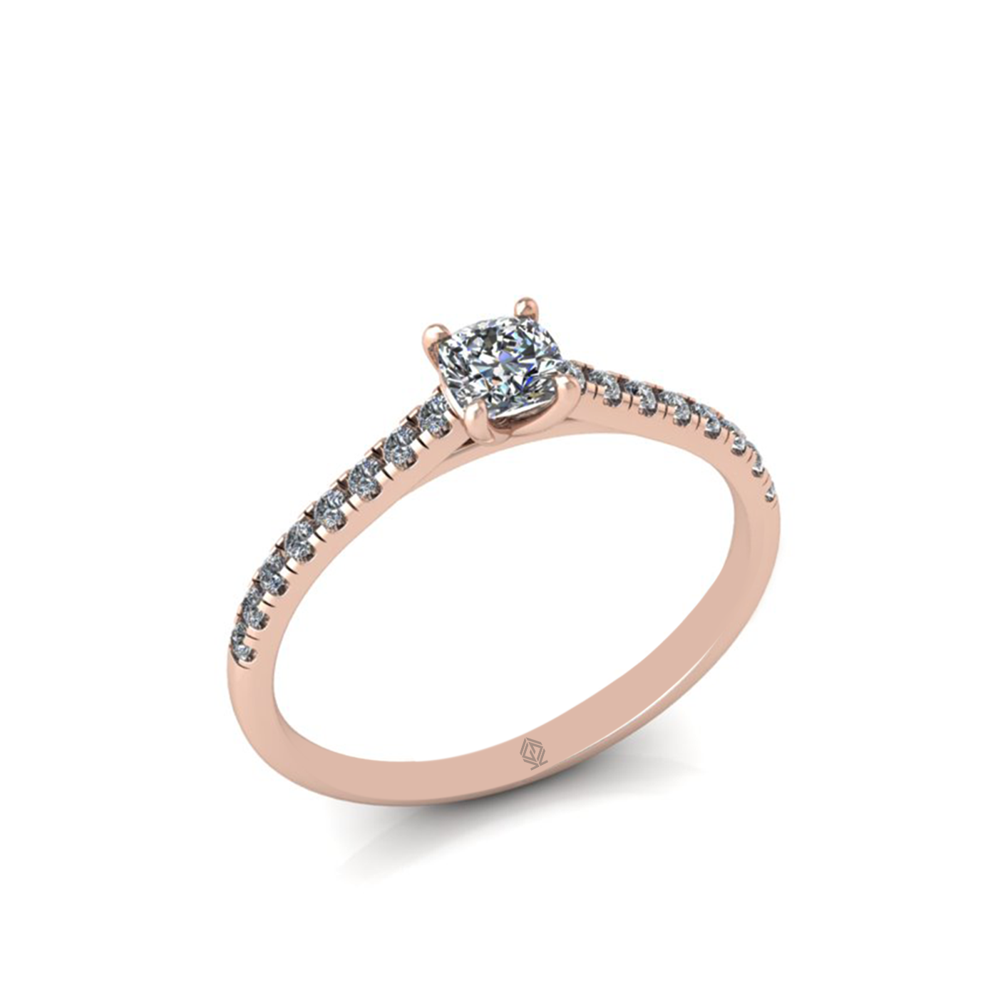 18k rose gold  0,30 ct 4 prongs cushion cut diamond engagement ring with whisper thin pavÉ set band