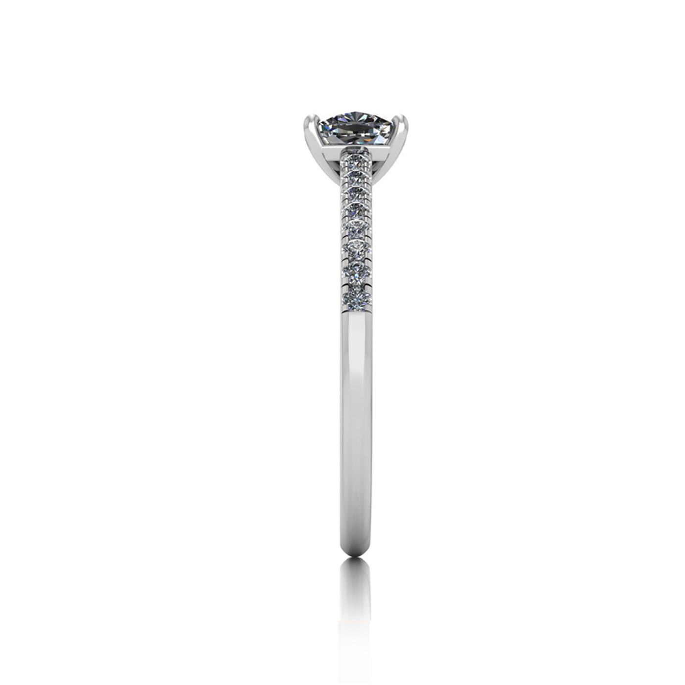 18k white gold 0,50 ct 4 prongs cushion cut diamond engagement ring with whisper thin pavÉ set band