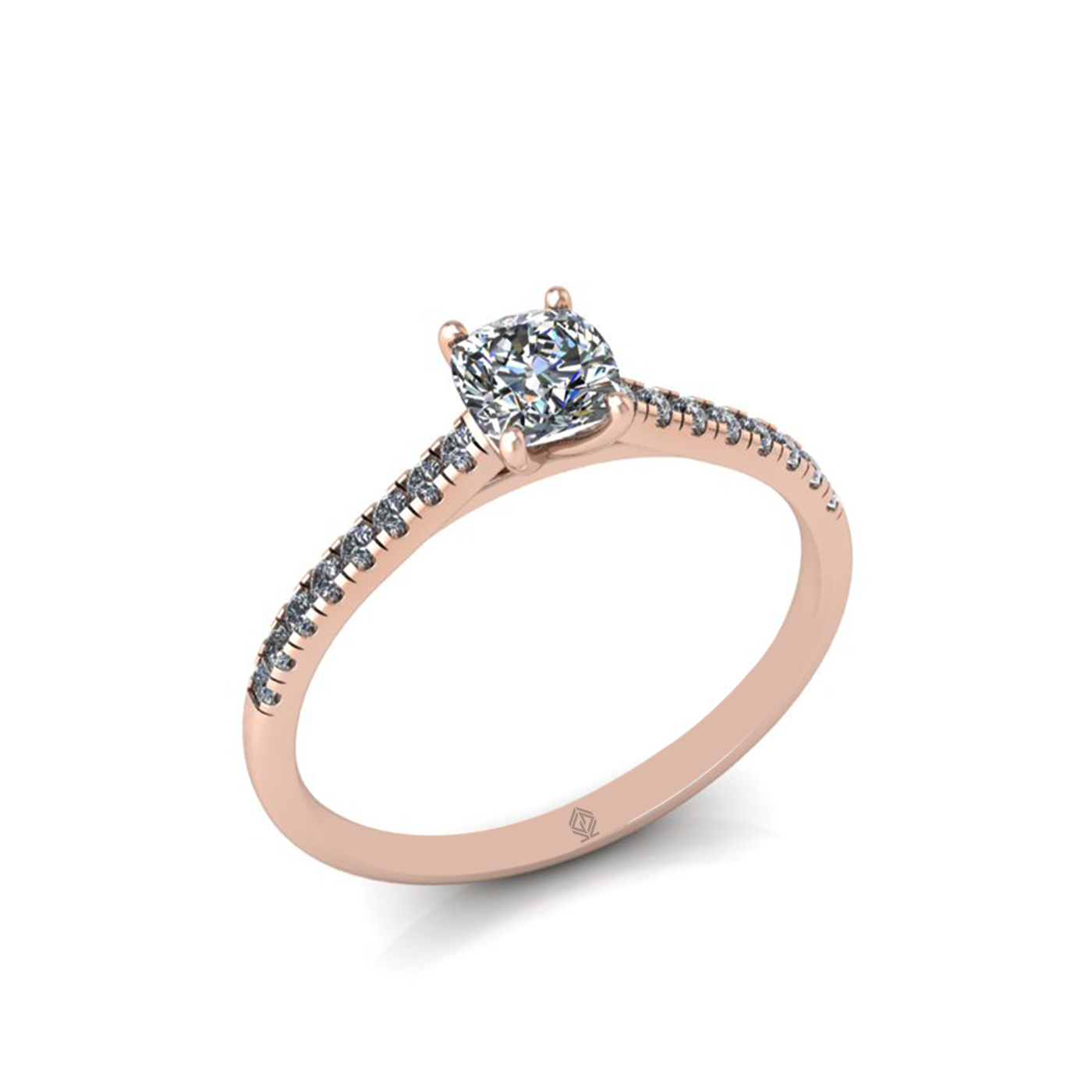 18k rose gold  0,50 ct 4 prongs cushion cut diamond engagement ring with whisper thin pavÉ set band