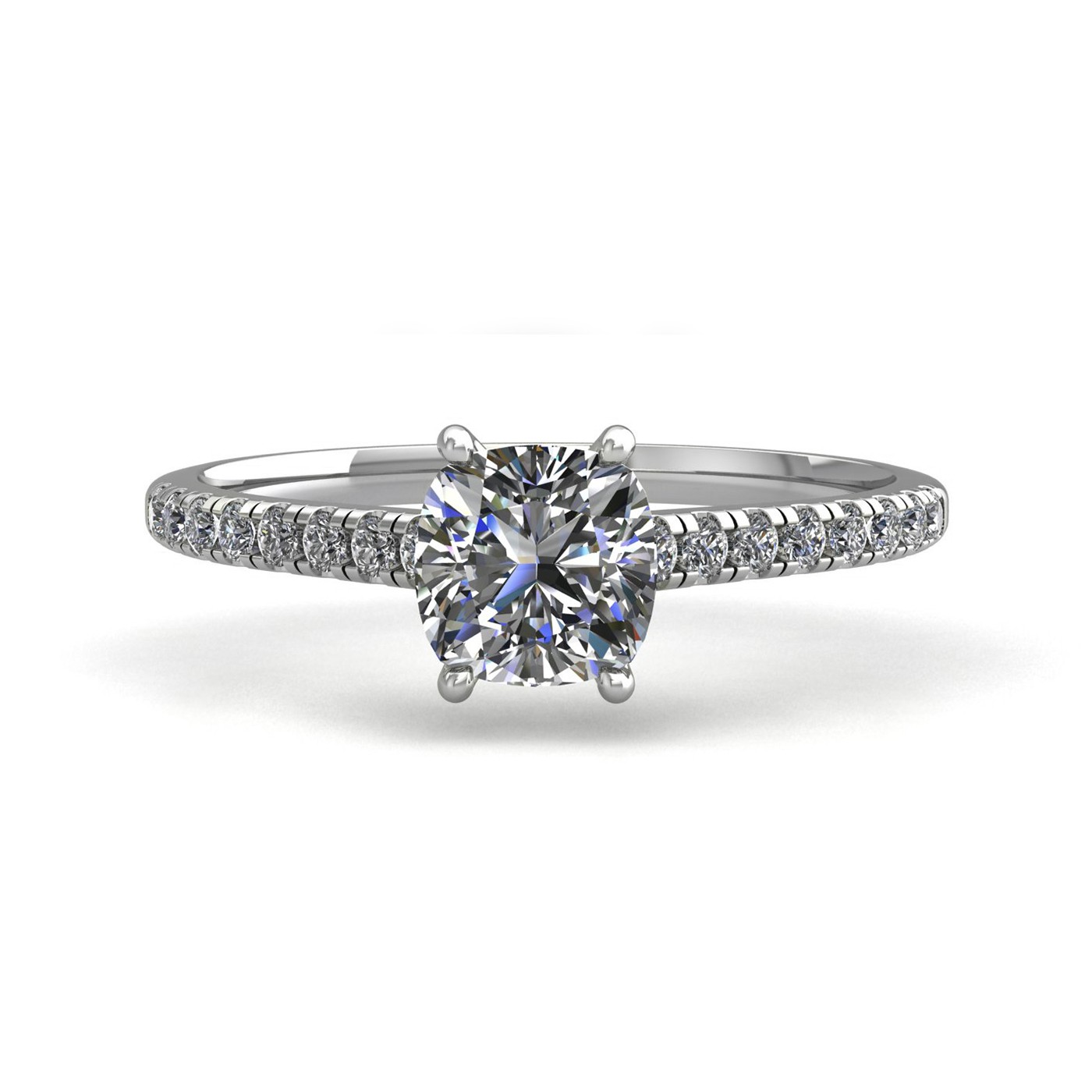18k white gold 0,80 ct 4 prongs cushion cut diamond engagement ring with whisper thin pavÉ set band