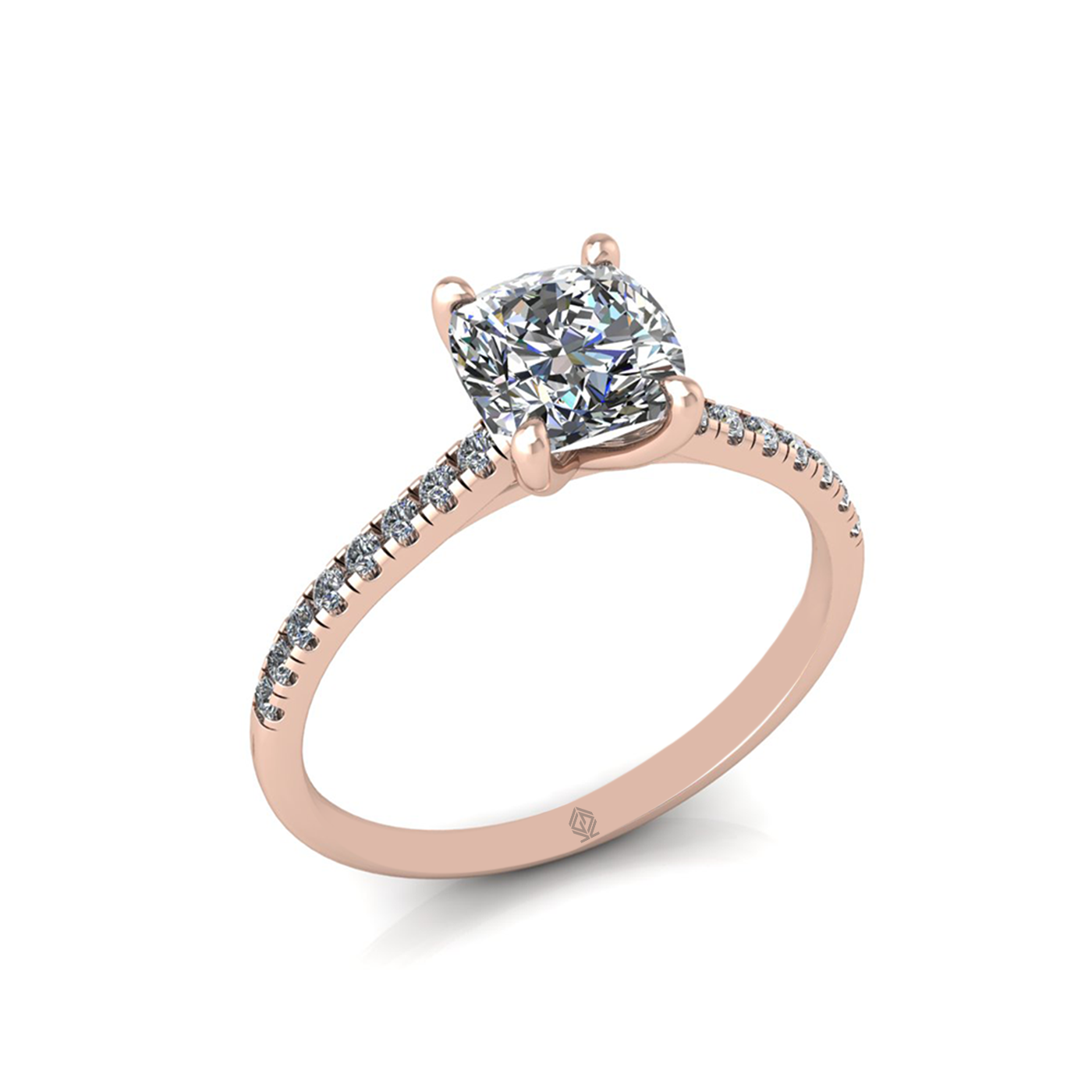 18k rose gold  0,30 ct 4 prongs cushion cut diamond engagement ring with whisper thin pavÉ set band