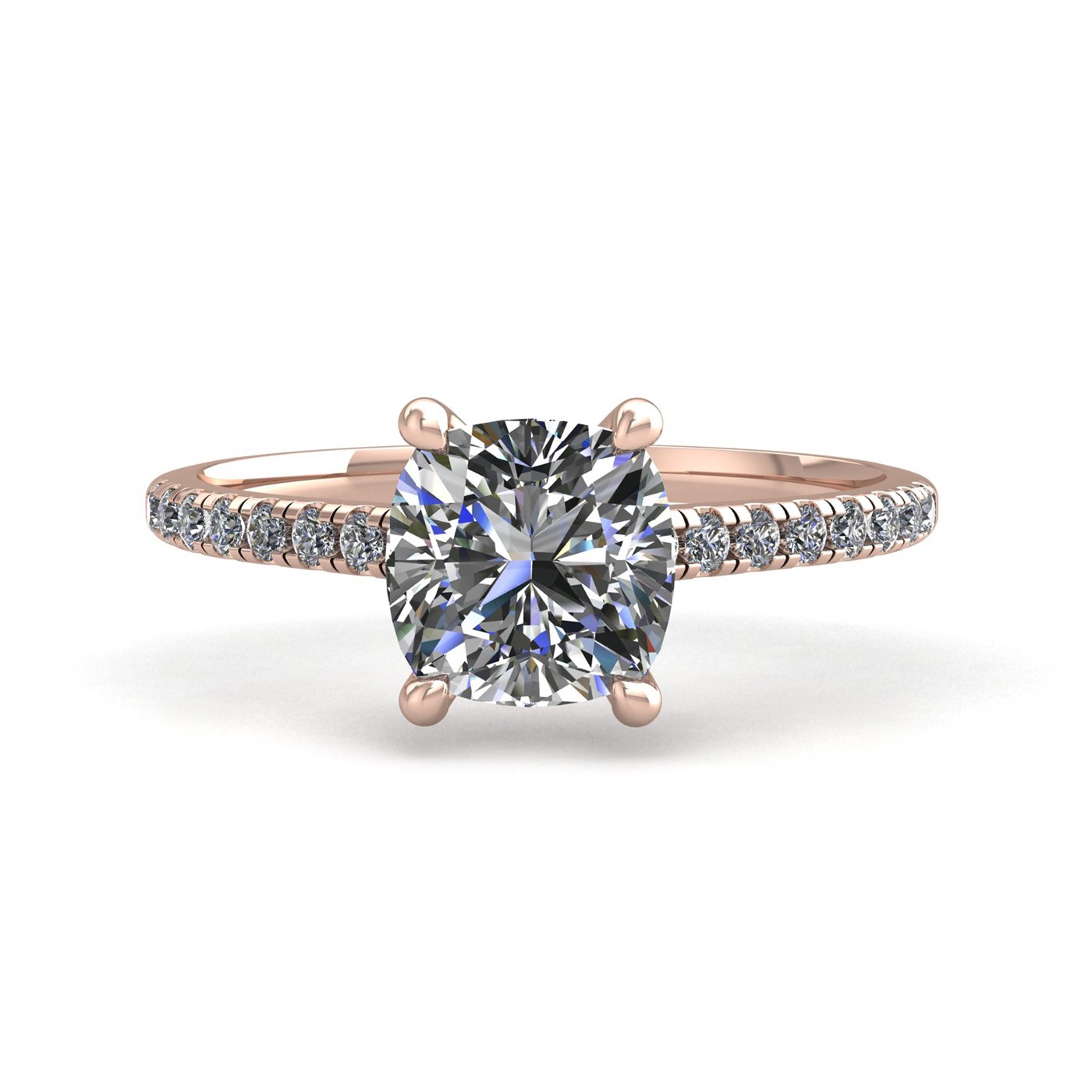 18k rose gold  0,30 ct 4 prongs cushion cut diamond engagement ring with whisper thin pavÉ set band