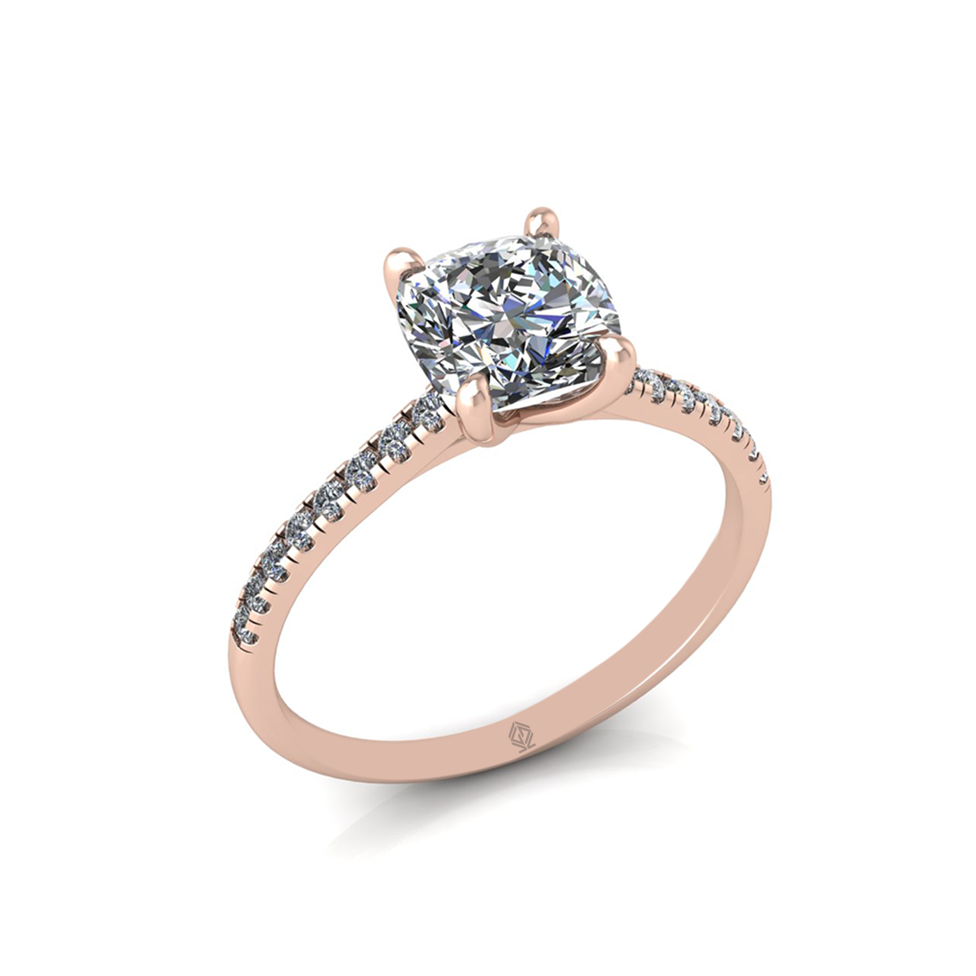 18k rose gold 1.5ct 4 prongs cushion cut diamond engagement ring with whisper thin pavÉ set band