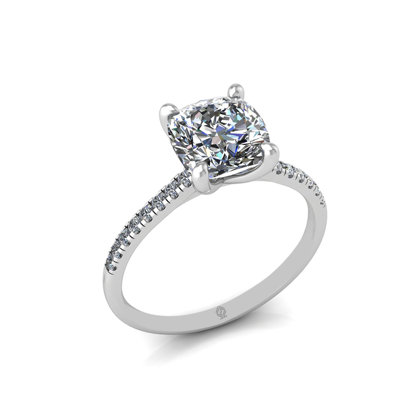 18k white gold 2.0ct 4 prongs cushion cut diamond engagement ring with whisper thin pavÉ set band