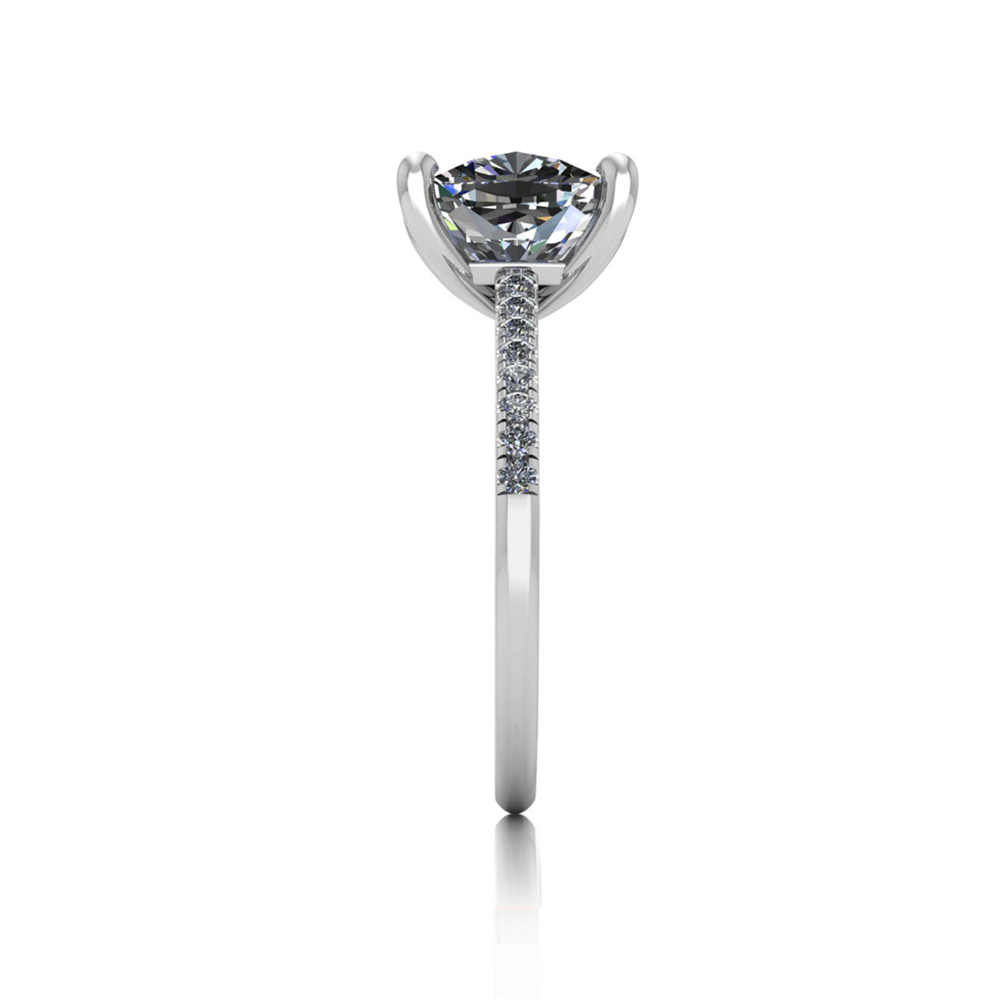 18k white gold 2.5ct 4 prongs cushion cut diamond engagement ring with whisper thin pavÉ set band
