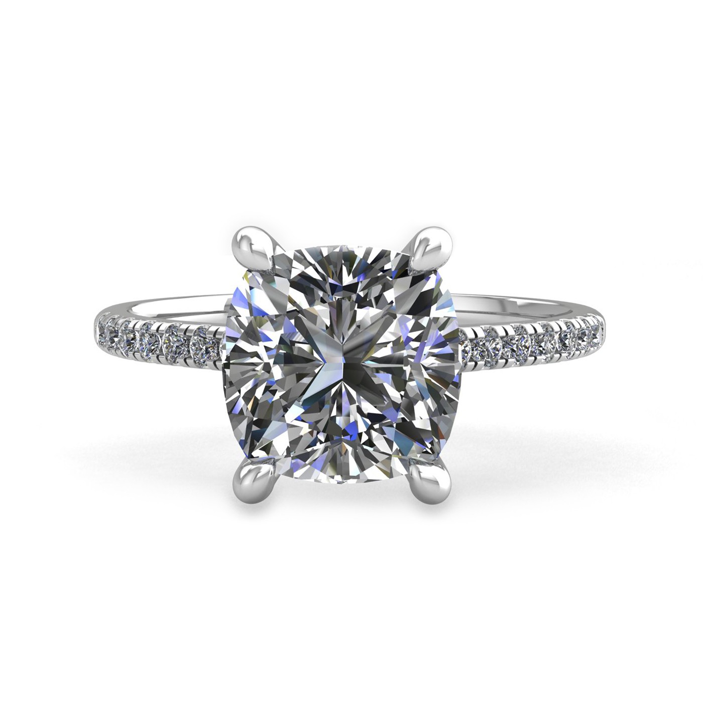 18k white gold 2.5ct 4 prongs cushion cut diamond engagement ring with whisper thin pavÉ set band