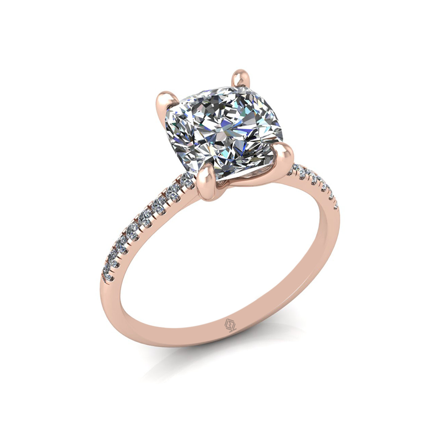 18k rose gold 2.5ct 4 prongs cushion cut diamond engagement ring with whisper thin pavÉ set band