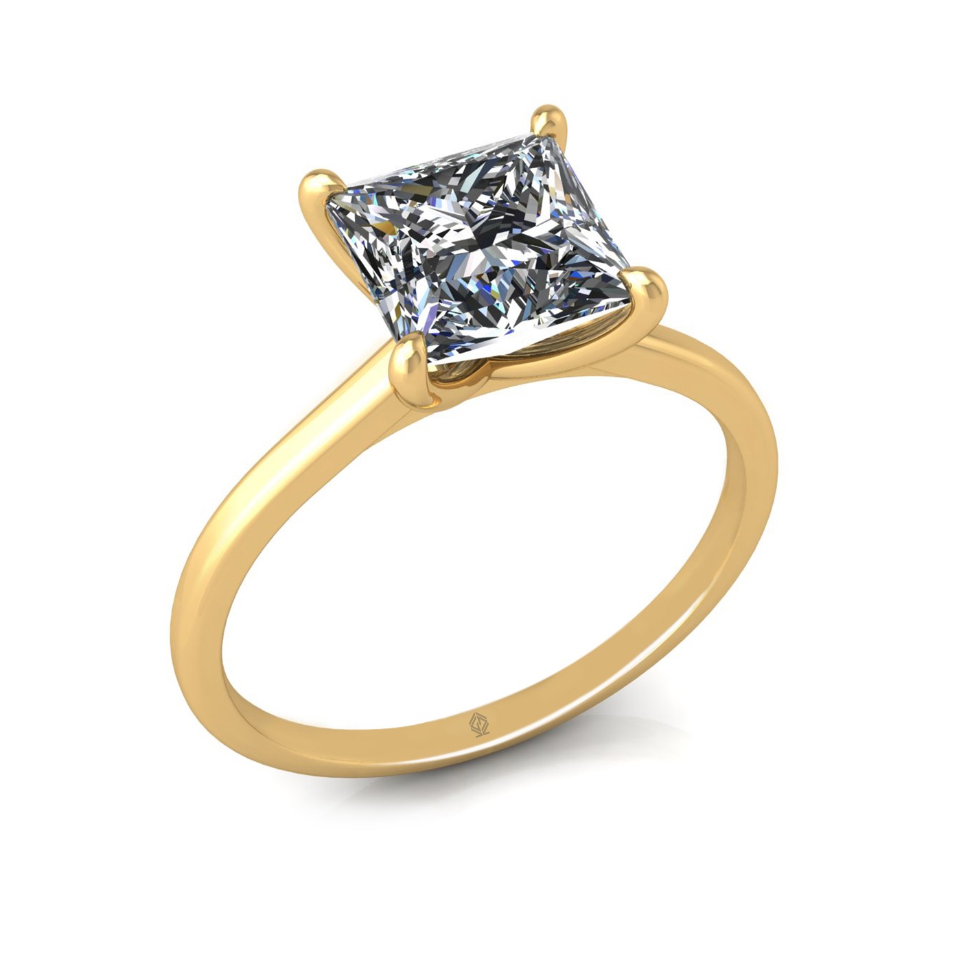 18k yellow gold  2,00 ct 4 prongs solitaire princess cut diamond engagement ring with whisper thin band