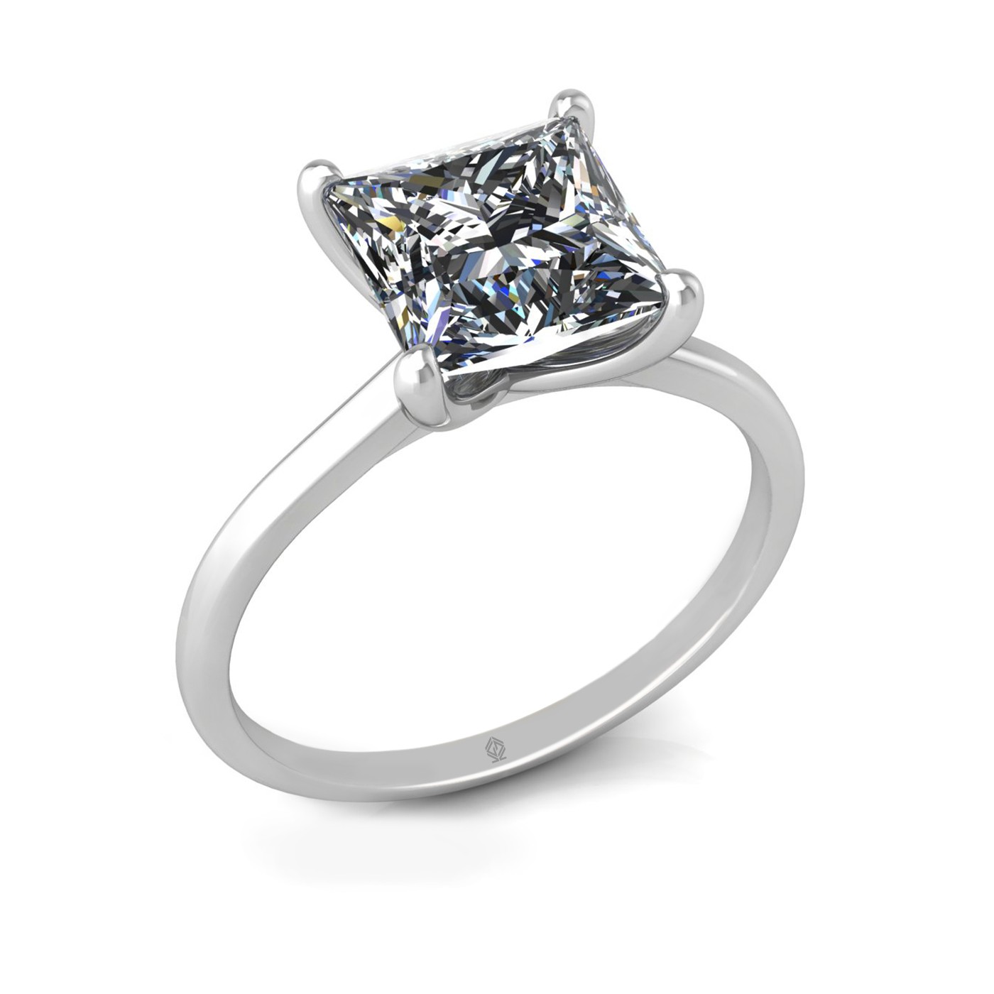 18k white gold  2,50 ct 4 prongs solitaire princess cut diamond engagement ring with whisper thin band