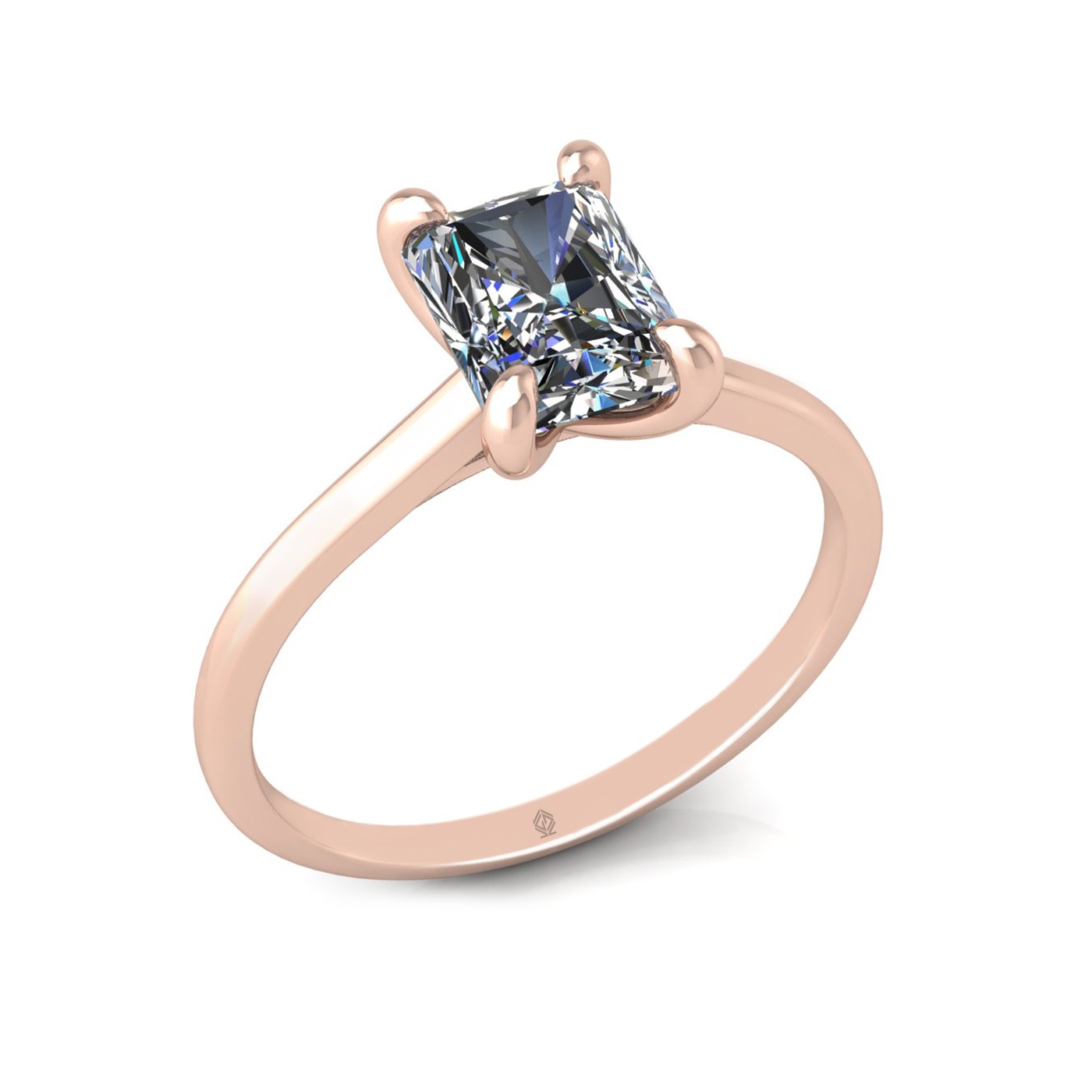 18k rose gold  1,50 ct 4 prongs solitaire radiant cut diamond engagement ring with whisper thin band