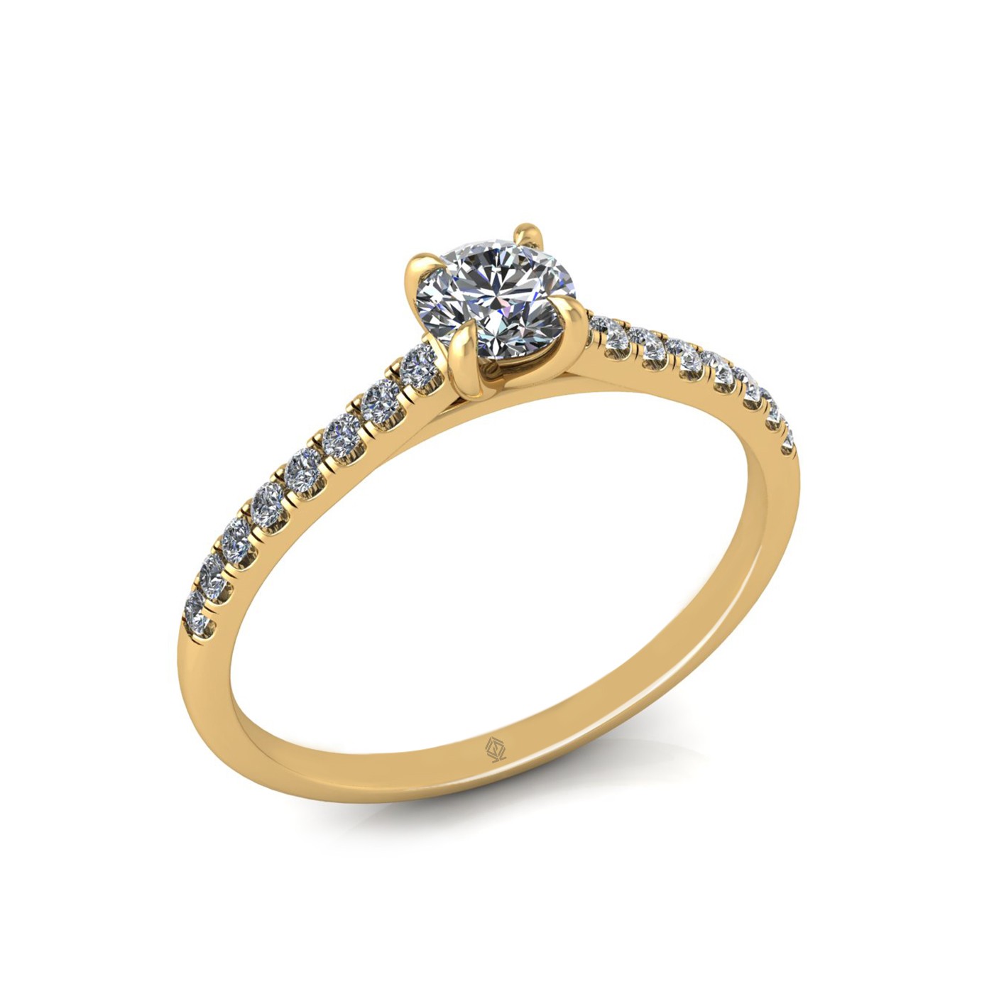 18k yellow gold  0,30 ct 4 prongs round cut diamond engagement ring with whisper thin pavÉ set band