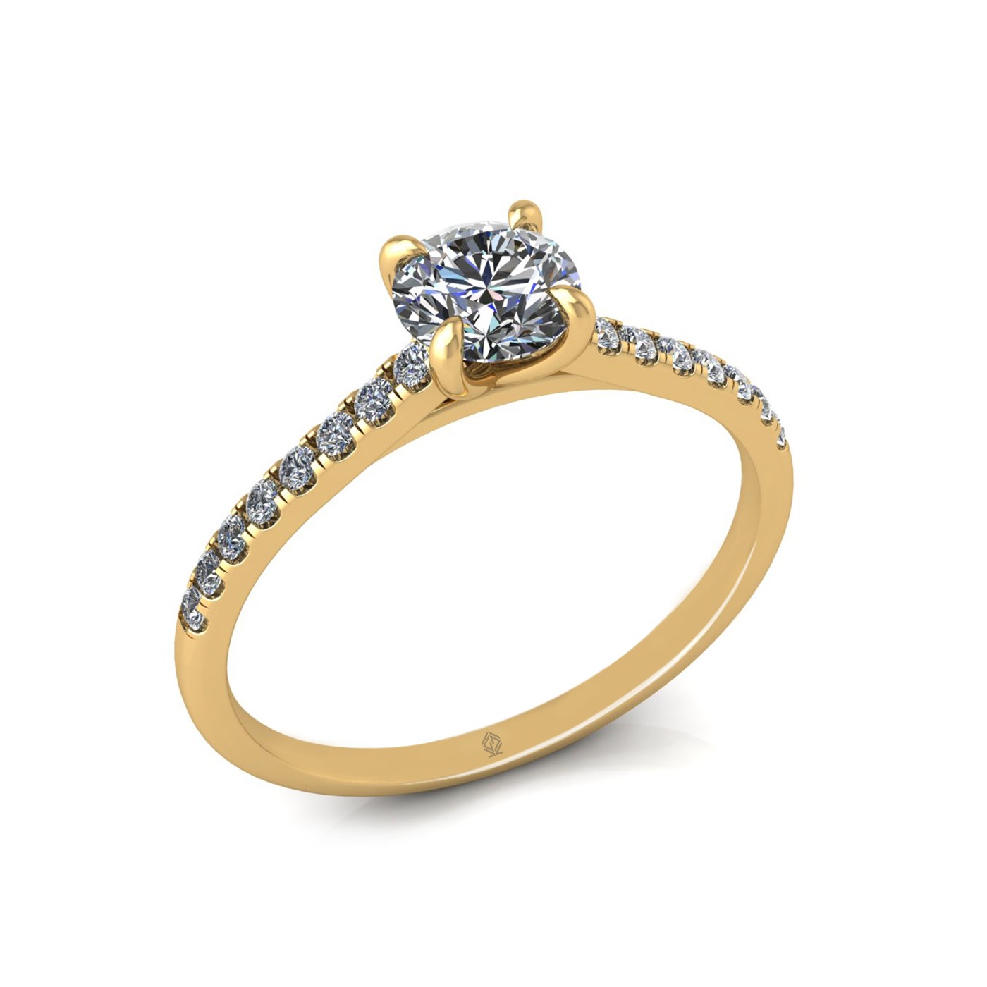 18k yellow gold 0,50 ct 4 prongs round cut diamond engagement ring with whisper thin pavÉ set band