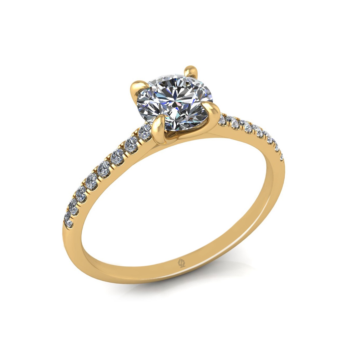 18k yellow gold 0,80 ct 4 prongs round cut diamond engagement ring with whisper thin pavÉ set band