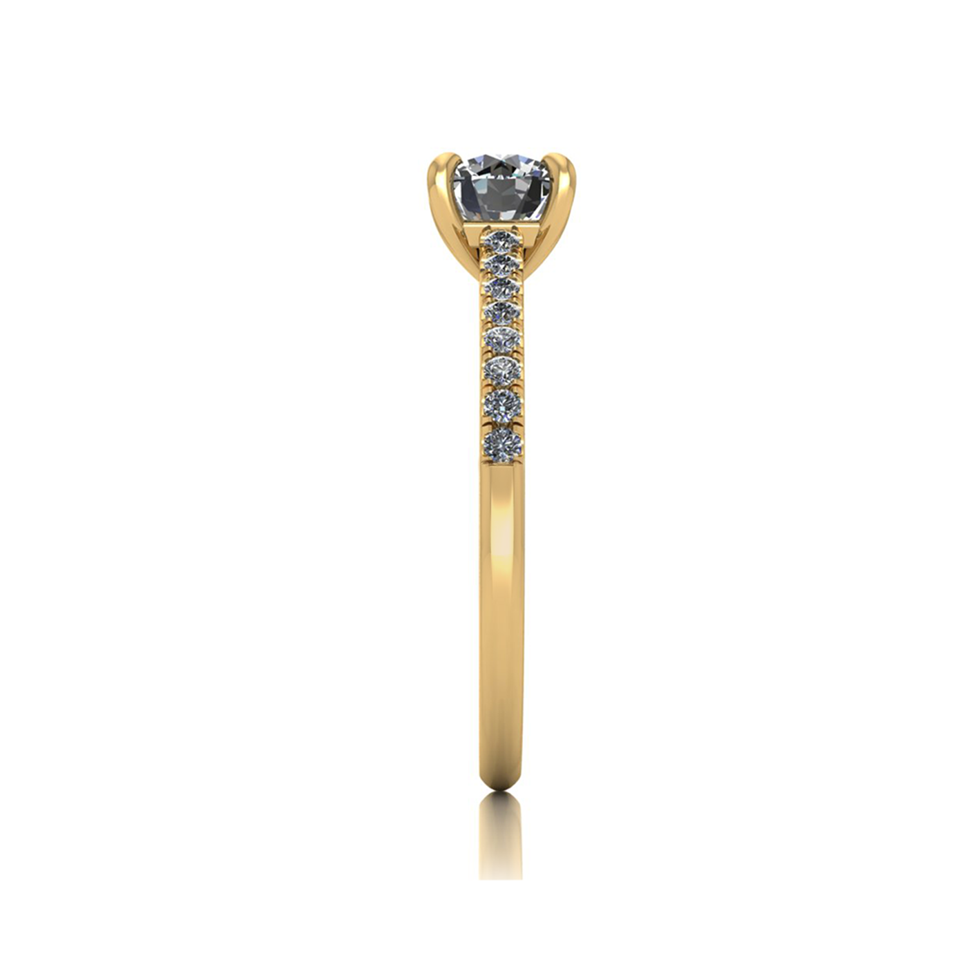 18k yellow gold 0,80 ct 4 prongs round cut diamond engagement ring with whisper thin pavÉ set band