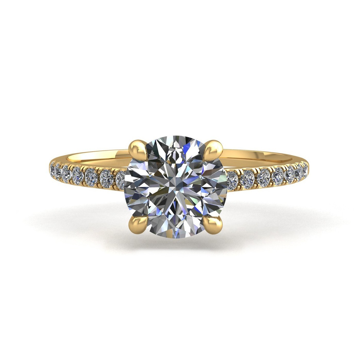 18k yellow gold 1.0ct 4 prongs round cut diamond engagement ring with whisper thin pavÉ set band