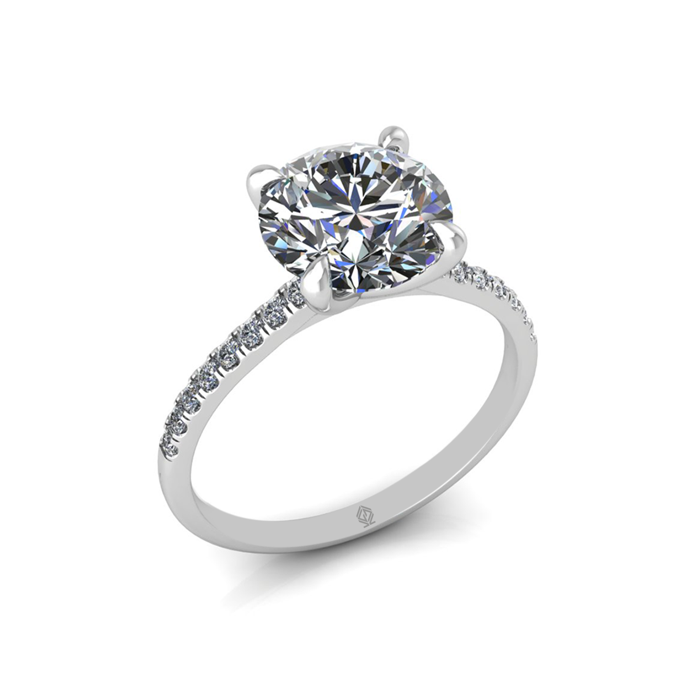 18k white gold 2.5ct 4 prongs round cut diamond engagement ring with whisper thin pavÉ set band
