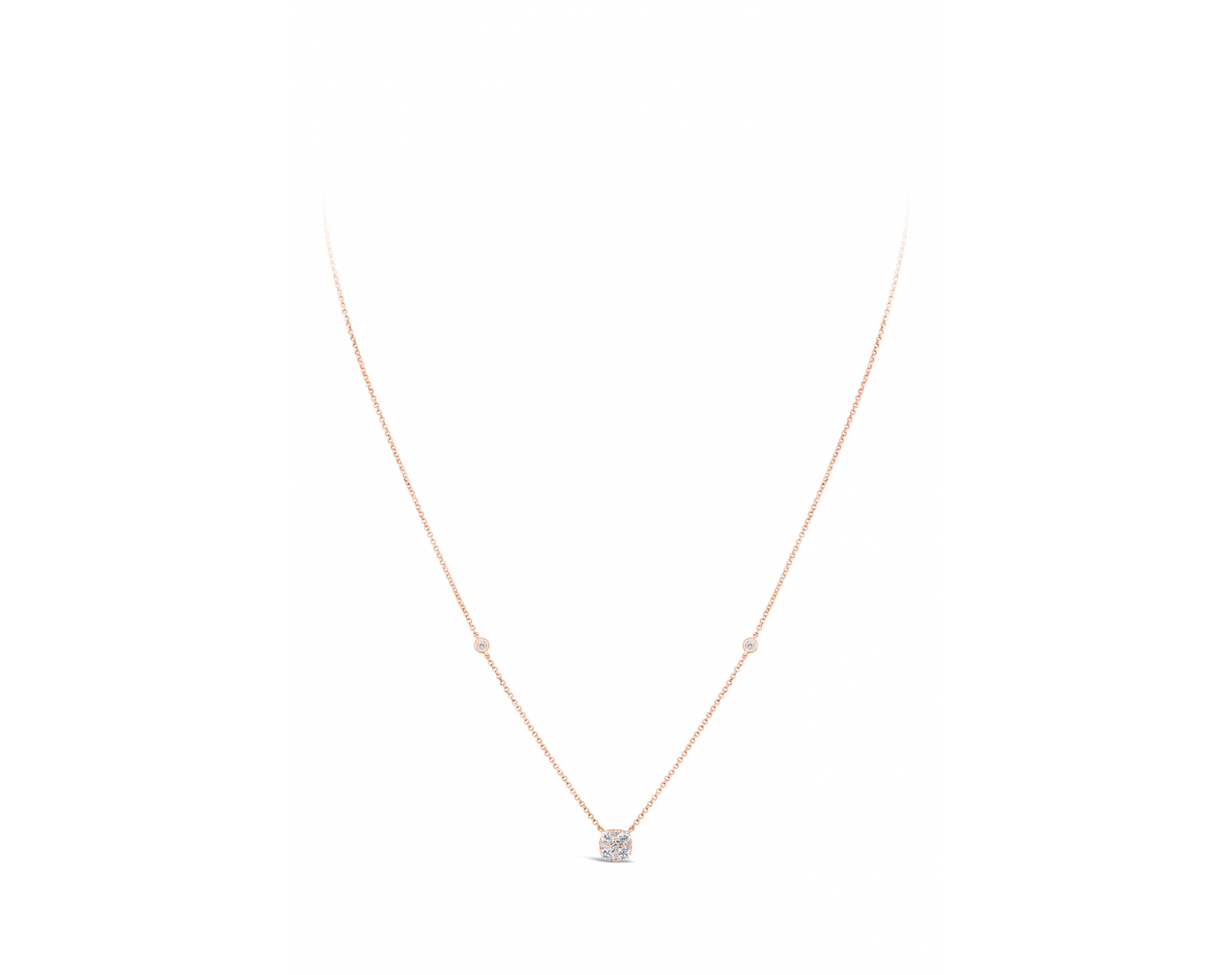 18k rose gold cushion-shaped illusion set round brilliant diamond necklace