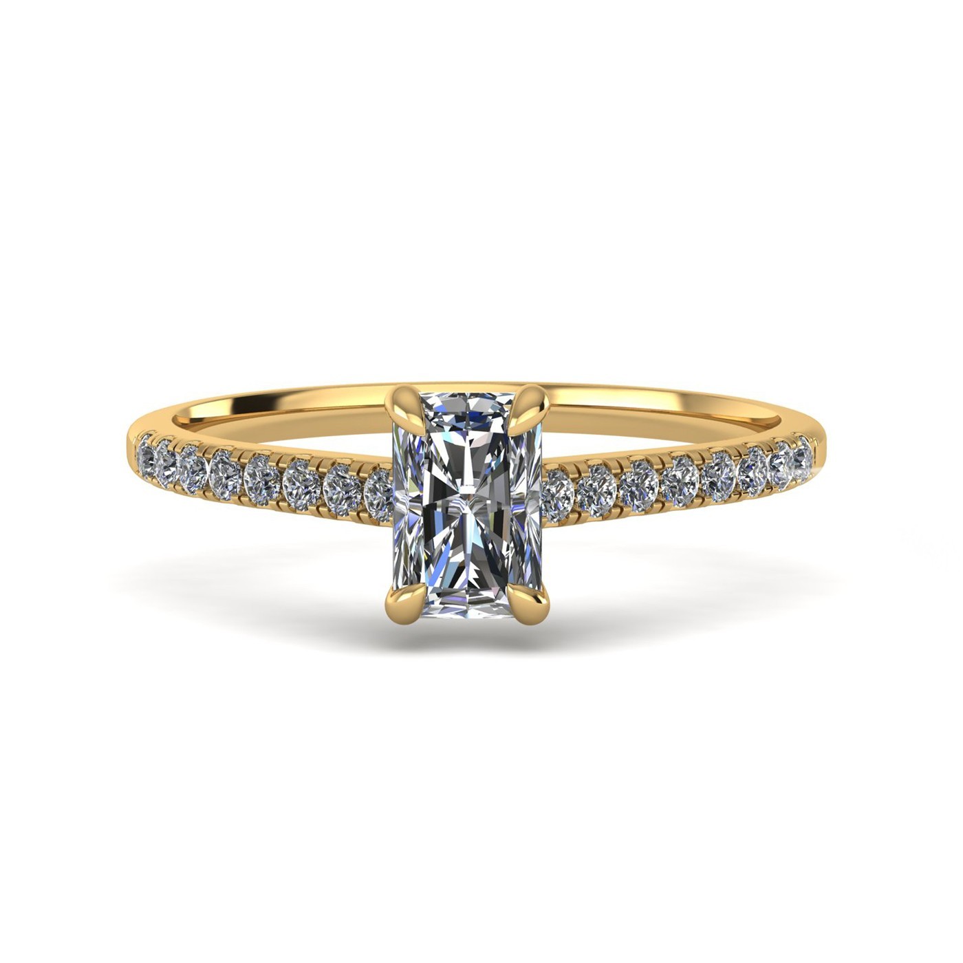 18k yellow gold  2,50 ct 4 prongs radiant cut diamond engagement ring with whisper thin pavÉ set band Photos & images