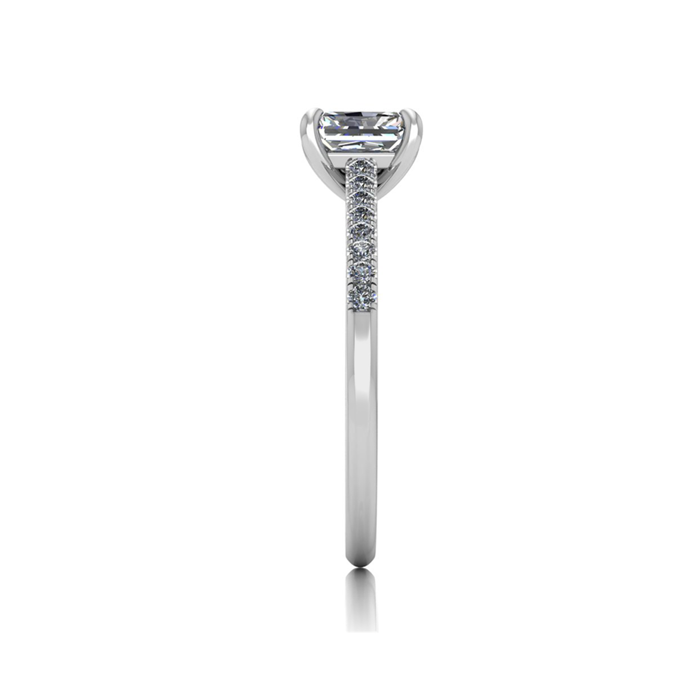 18k white gold  0,80 ct 4 prongs radiant cut diamond engagement ring with whisper thin pavÉ set band