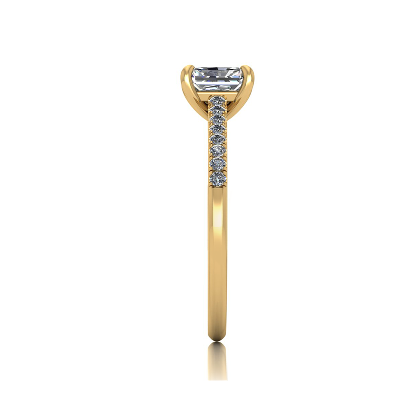 18k yellow gold  0,80 ct 4 prongs radiant cut diamond engagement ring with whisper thin pavÉ set band