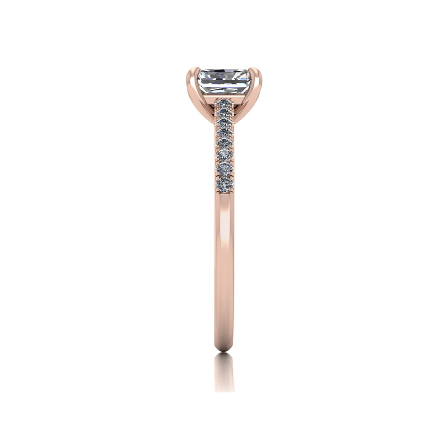 18k rose gold  0,80 ct 4 prongs radiant cut diamond engagement ring with whisper thin pavÉ set band