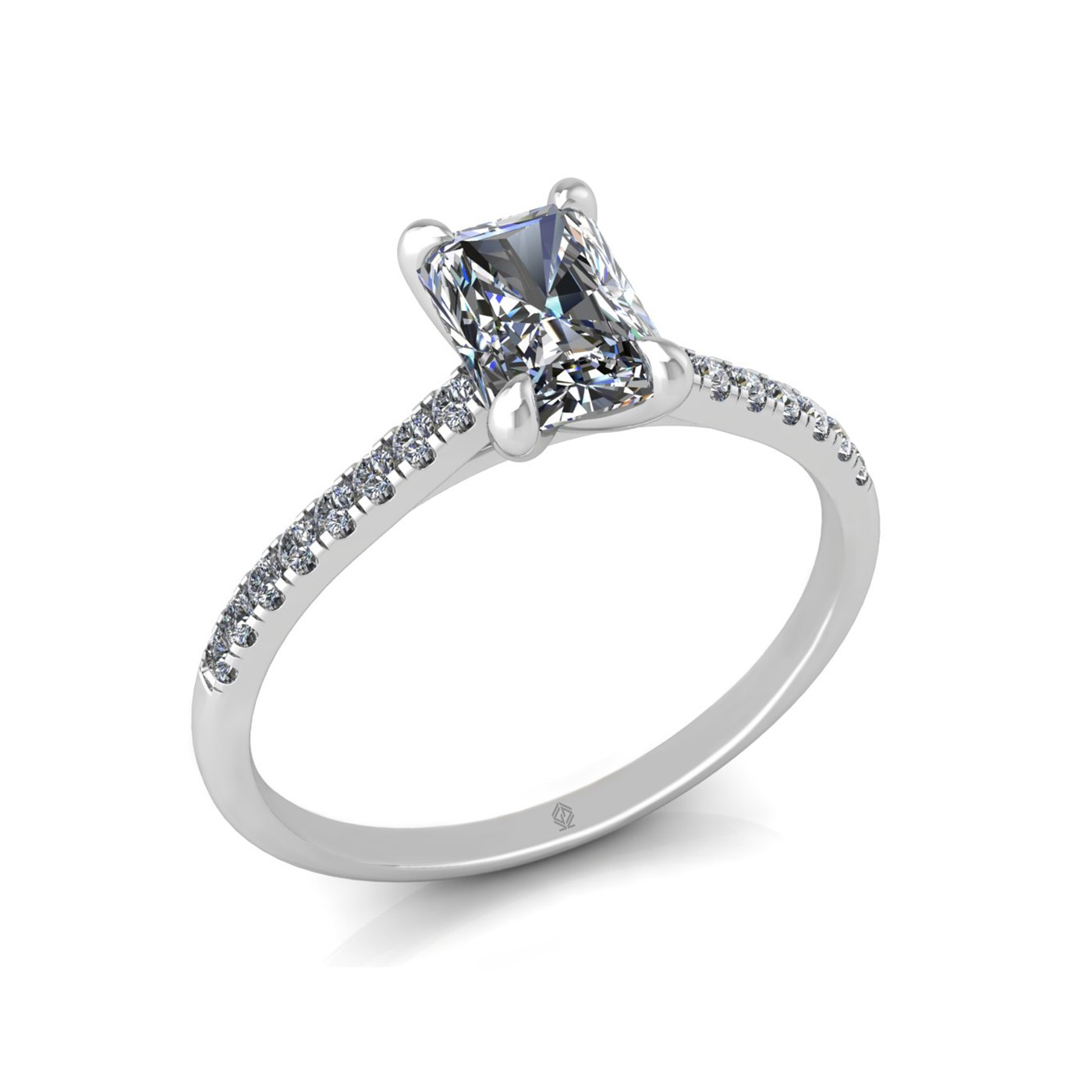 18k white gold  1,00 ct 4 prongs radiant cut diamond engagement ring with whisper thin pavÉ set band