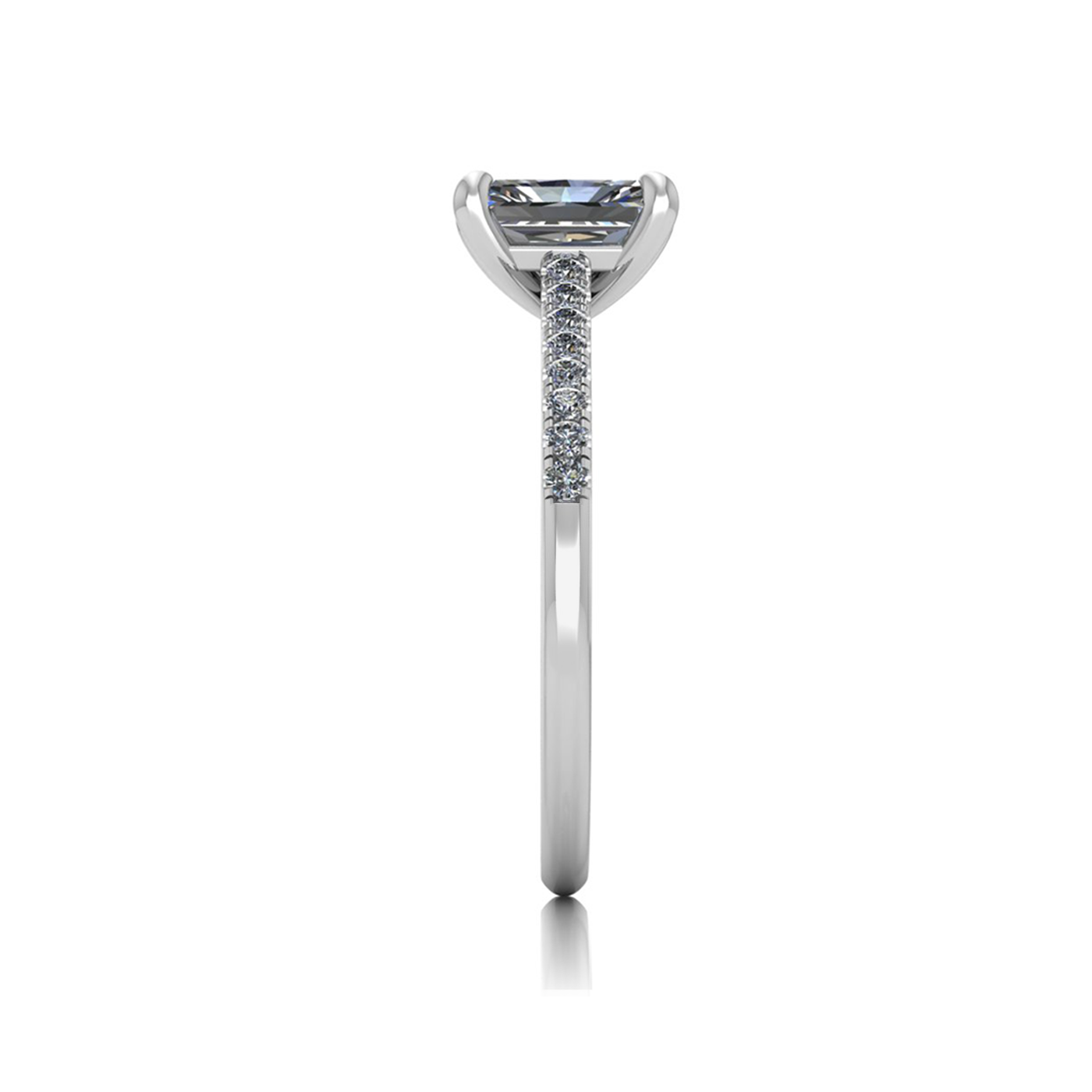 18k white gold  1,00 ct 4 prongs radiant cut diamond engagement ring with whisper thin pavÉ set band
