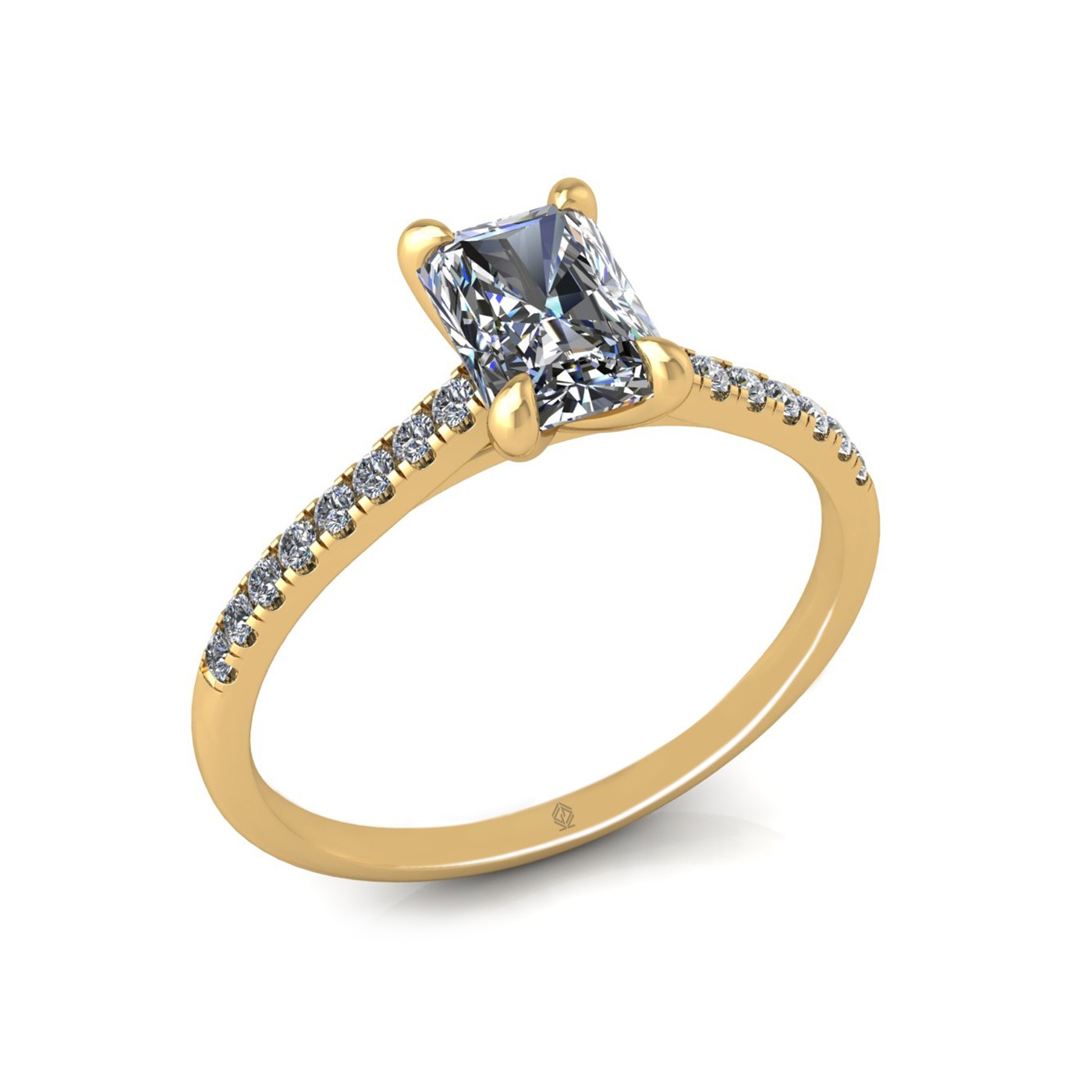 18k yellow gold  1,00 ct 4 prongs radiant cut diamond engagement ring with whisper thin pavÉ set band