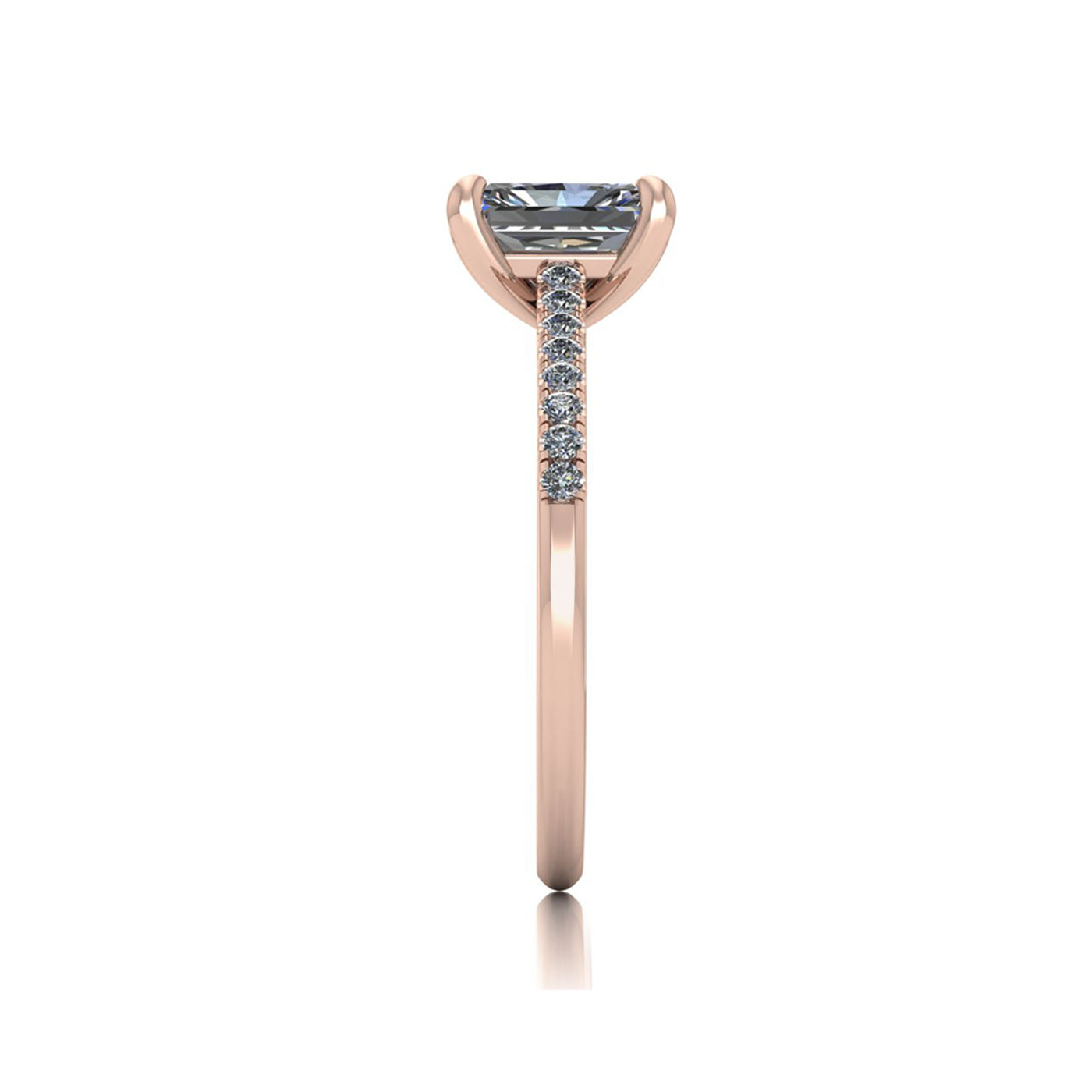 18k rose gold  1,20 ct 4 prongs radiant cut diamond engagement ring with whisper thin pavÉ set band
