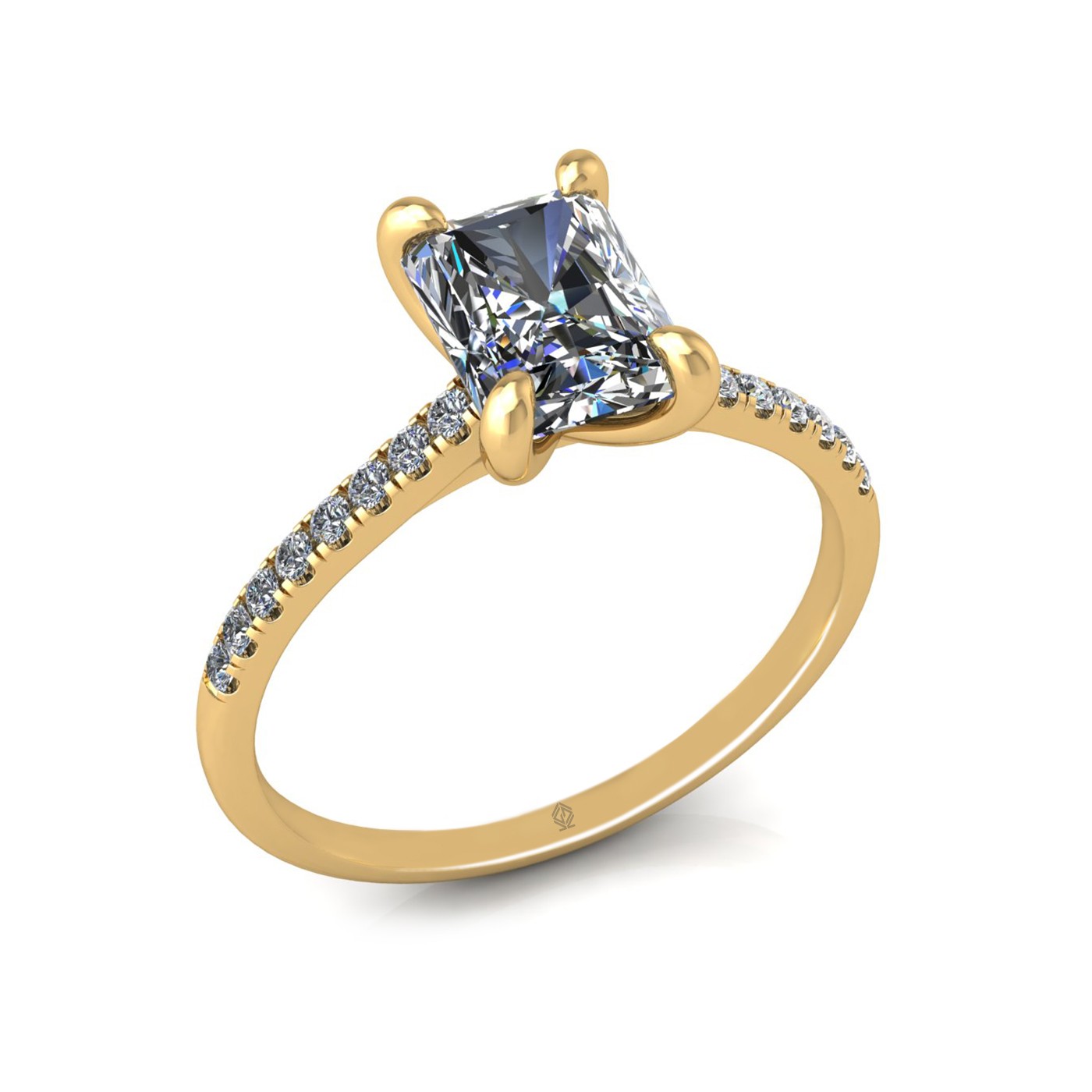 18k yellow gold  1,50 ct 4 prongs radiant cut diamond engagement ring with whisper thin pavÉ set band