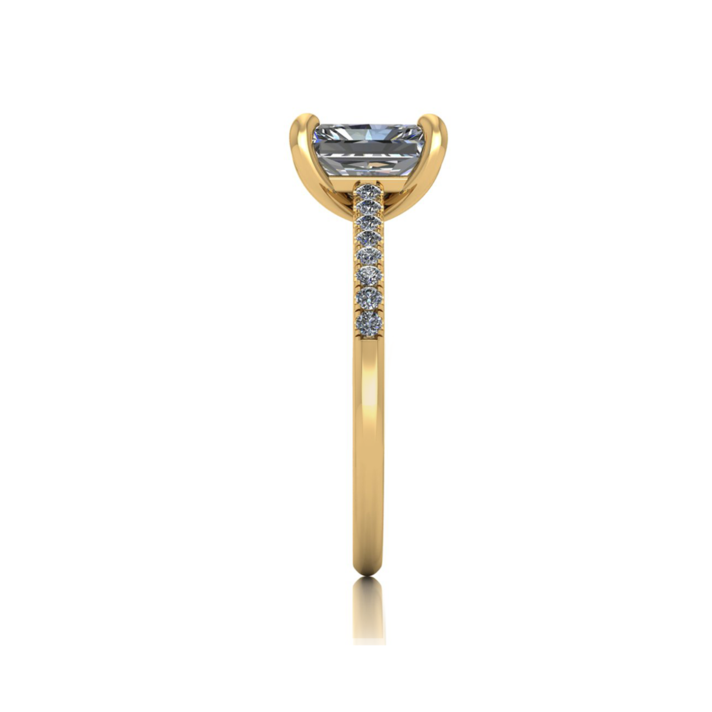 18k yellow gold  1,50 ct 4 prongs radiant cut diamond engagement ring with whisper thin pavÉ set band