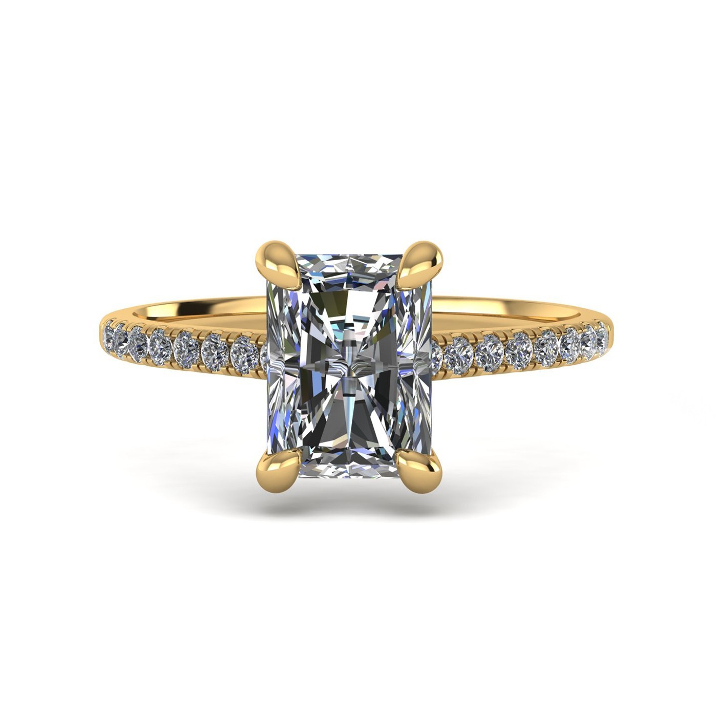 18k yellow gold  2,50 ct 4 prongs radiant cut diamond engagement ring with whisper thin pavÉ set band Photos & images