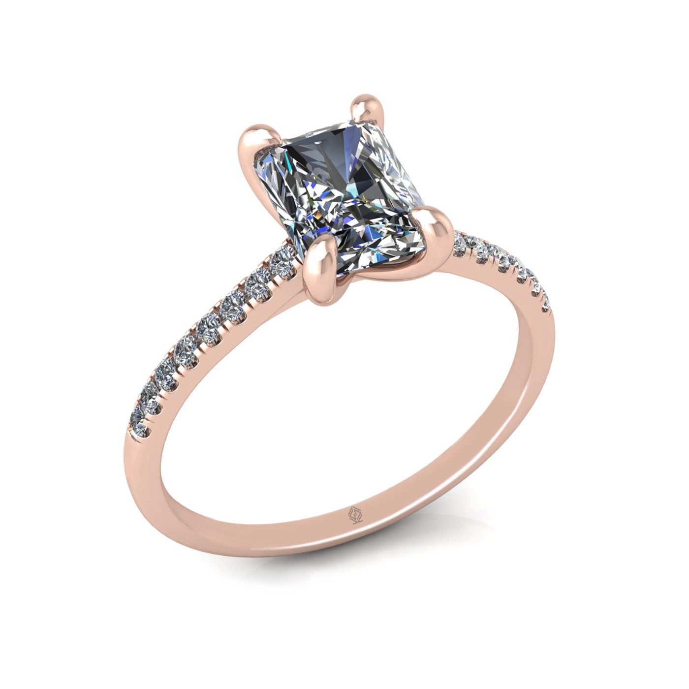 18k rose gold  1,50 ct 4 prongs radiant cut diamond engagement ring with whisper thin pavÉ set band