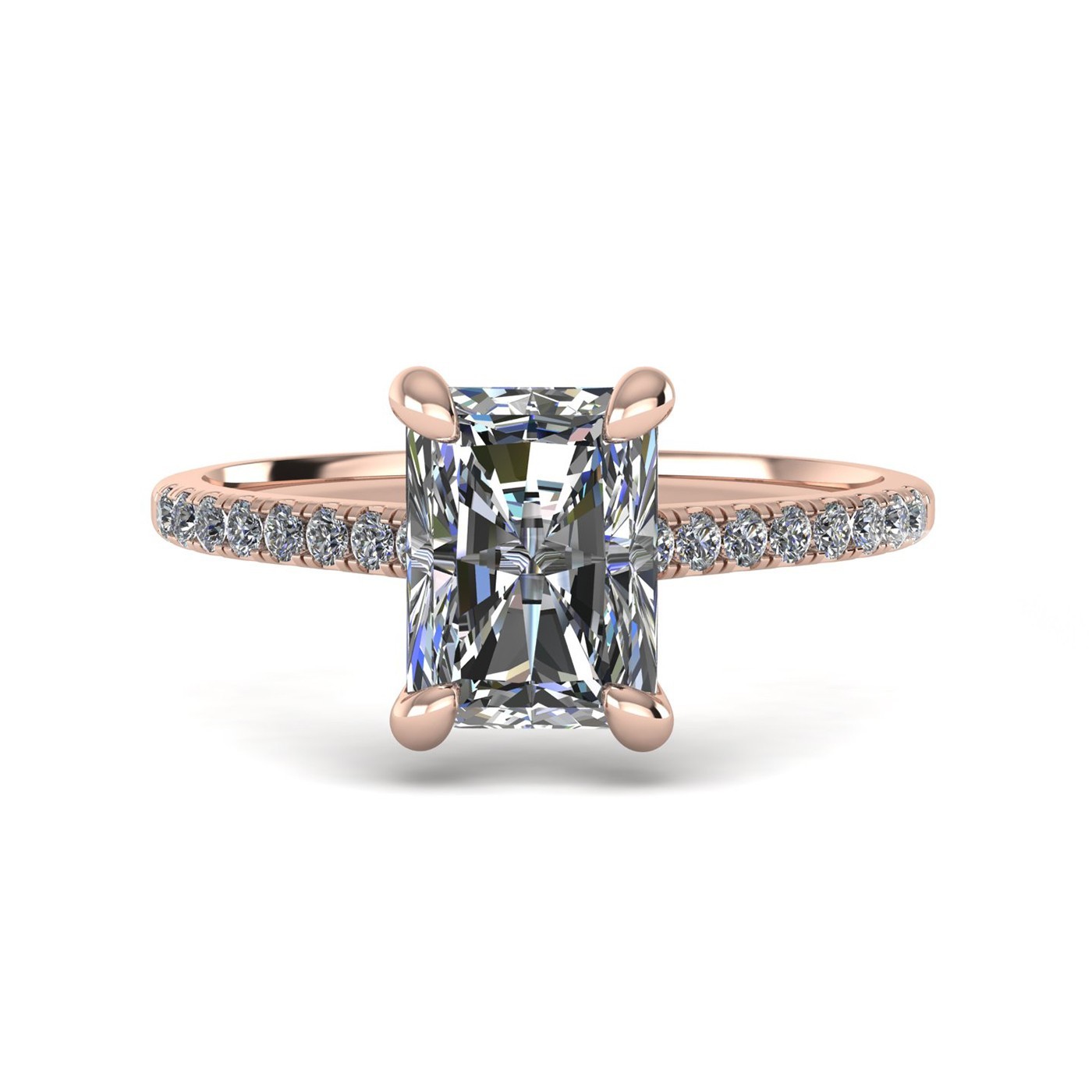 18k rose gold  2,50 ct 4 prongs radiant cut diamond engagement ring with whisper thin pavÉ set band Photos & images